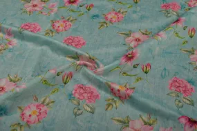 Aqua Blue Printed Chanderi Fabric