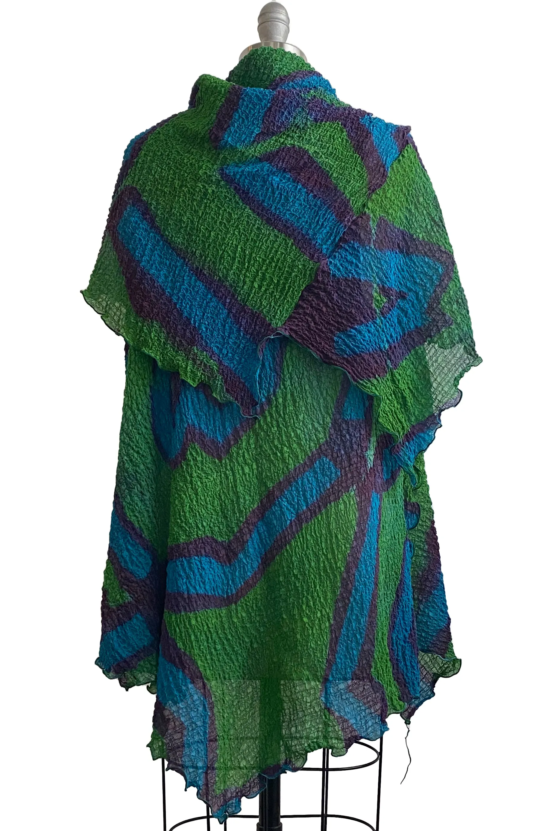 Asymmetrical Wrap Vest - Waffle Silk w/ Shibori Itajime Dye - Green Purple Blue