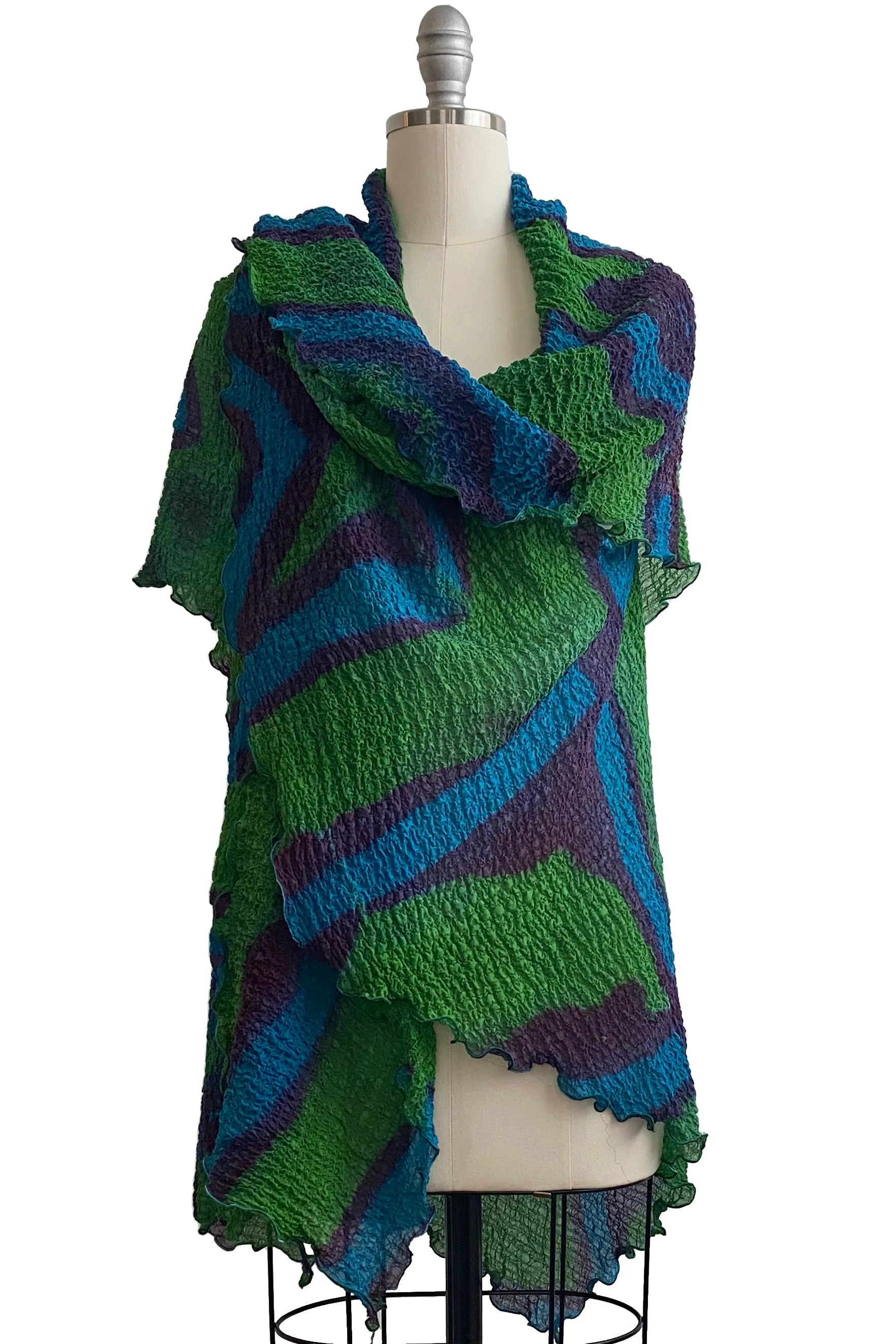 Asymmetrical Wrap Vest - Waffle Silk w/ Shibori Itajime Dye - Green Purple Blue