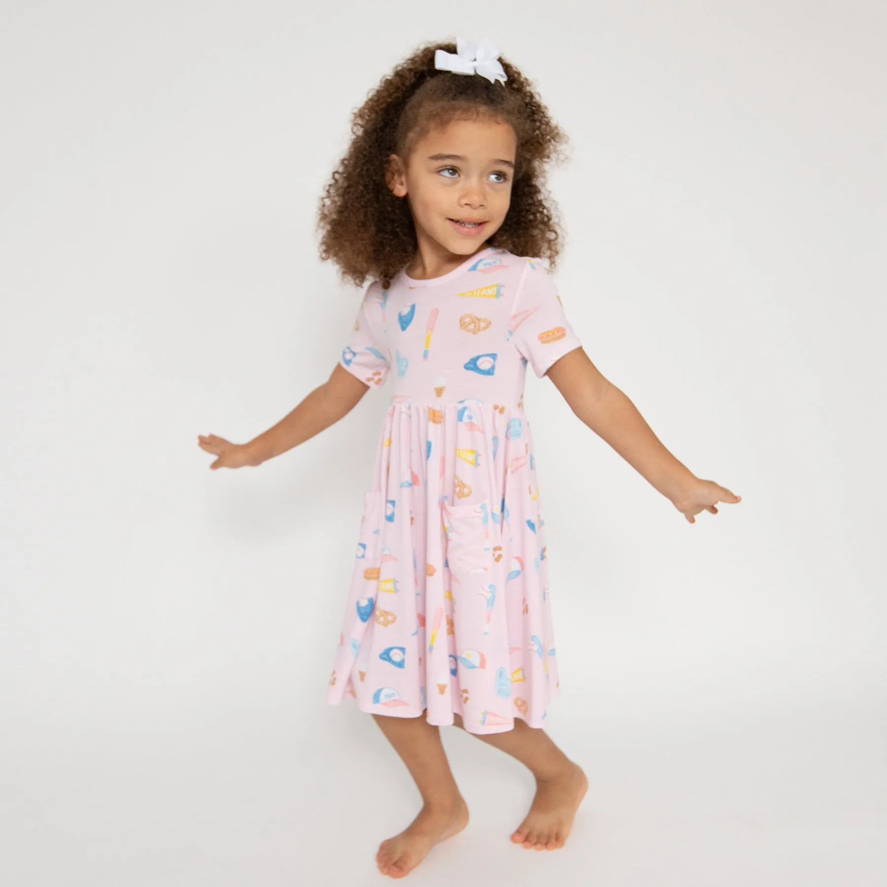 Baseball Bamboo Twirly Short Sleeve Dress | Pink