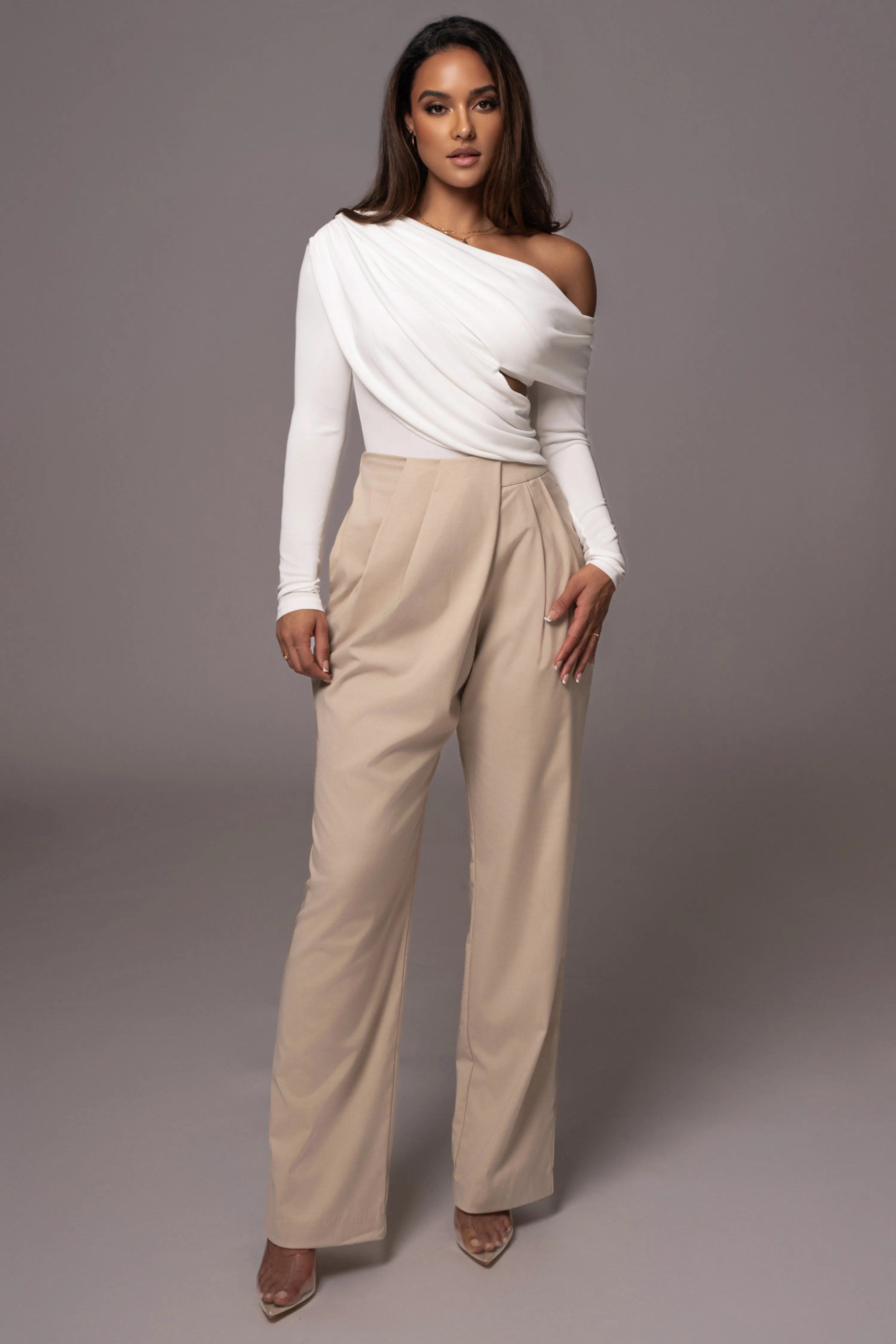 Beige Asymmetrical Draped Trousers