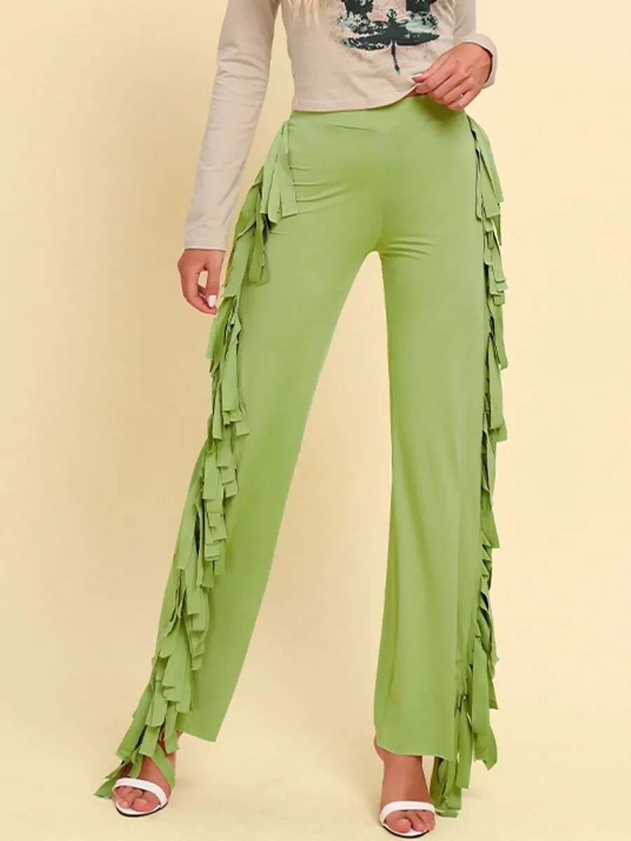 BerriesJam - 2024 Solid Fringe Trim Casual High Waist Straight Leg Trousers