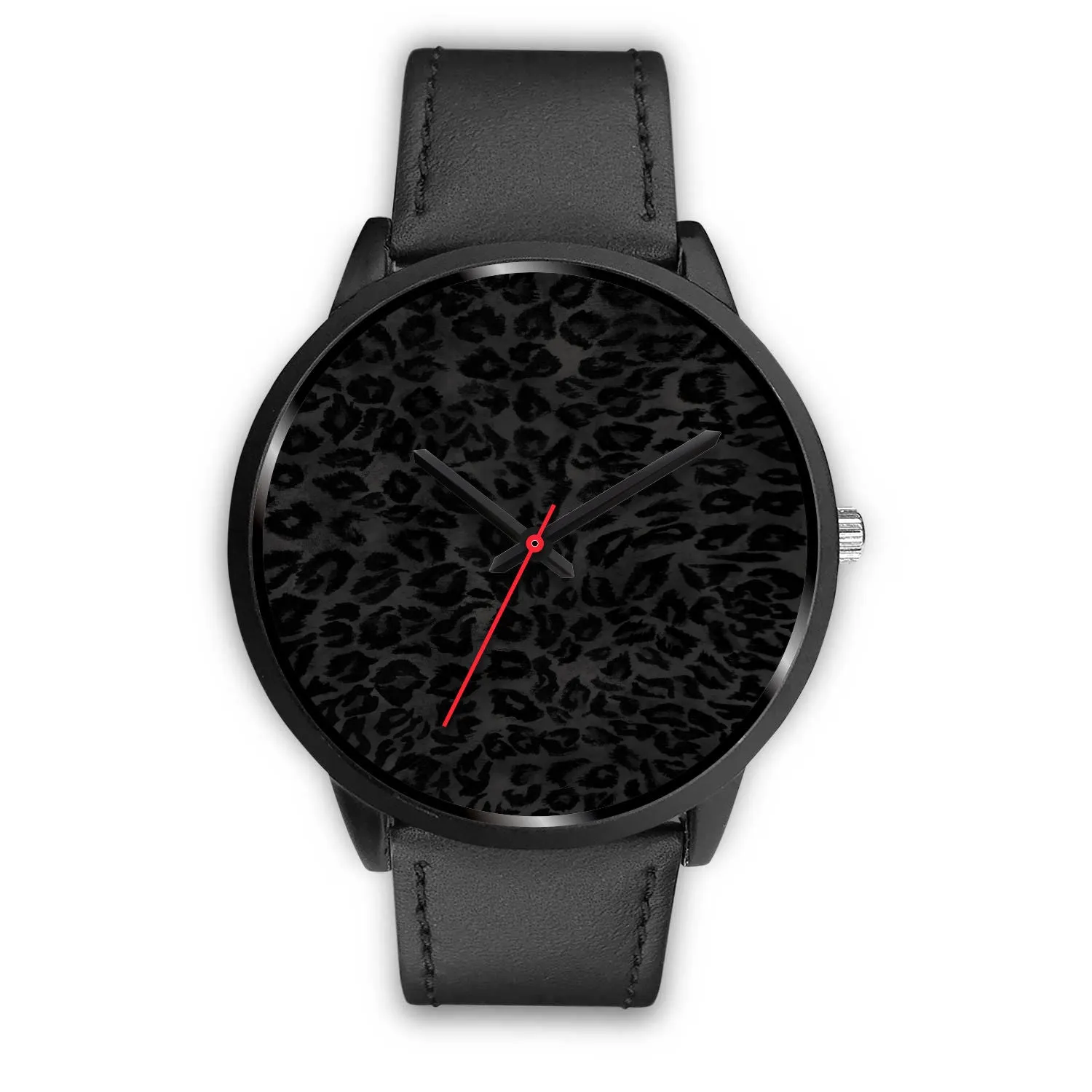 Black Leopard Print Watch, Charcoal Black Designer Leopard Animal Faux Fur Print Unisex Premium Watch