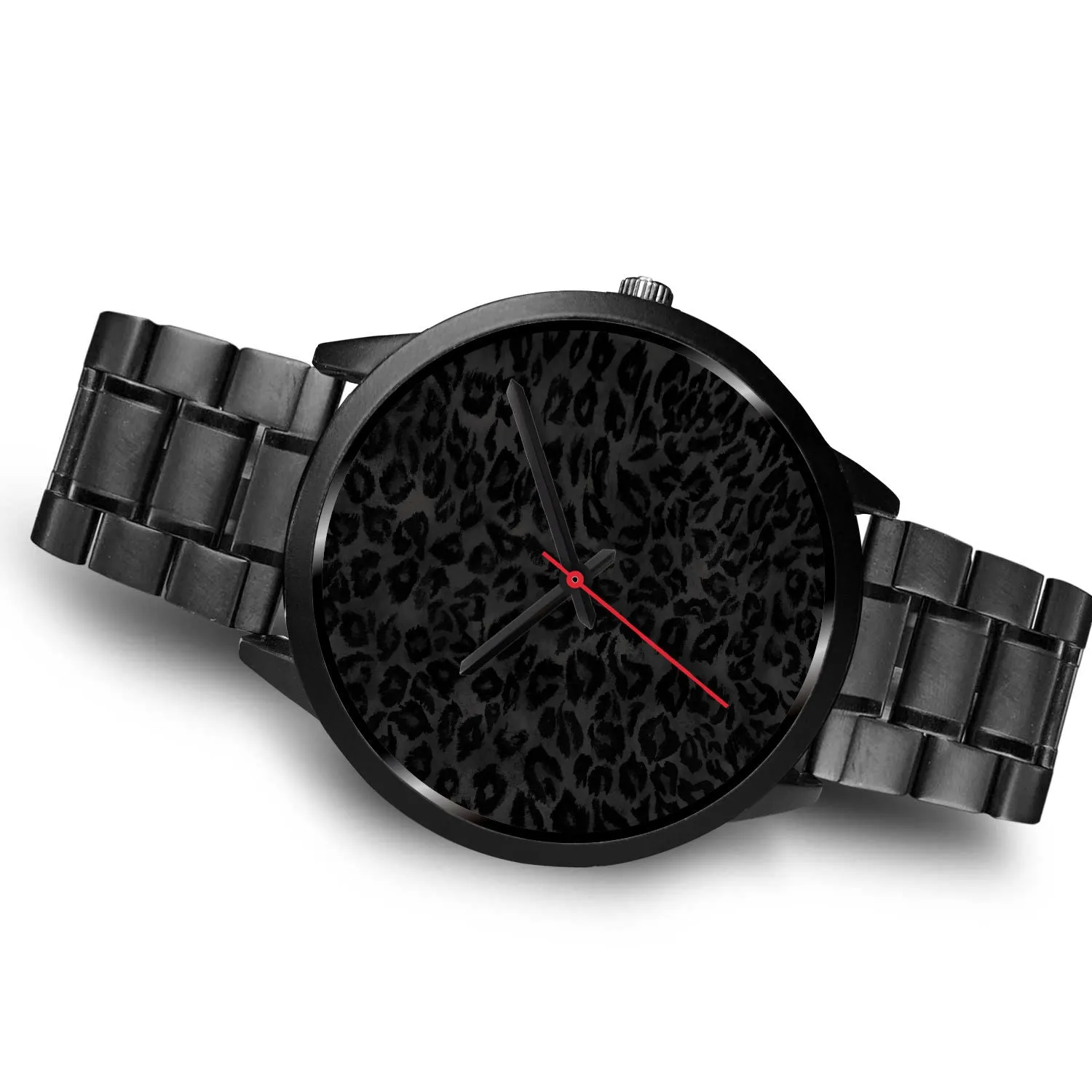 Black Leopard Print Watch, Charcoal Black Designer Leopard Animal Faux Fur Print Unisex Premium Watch