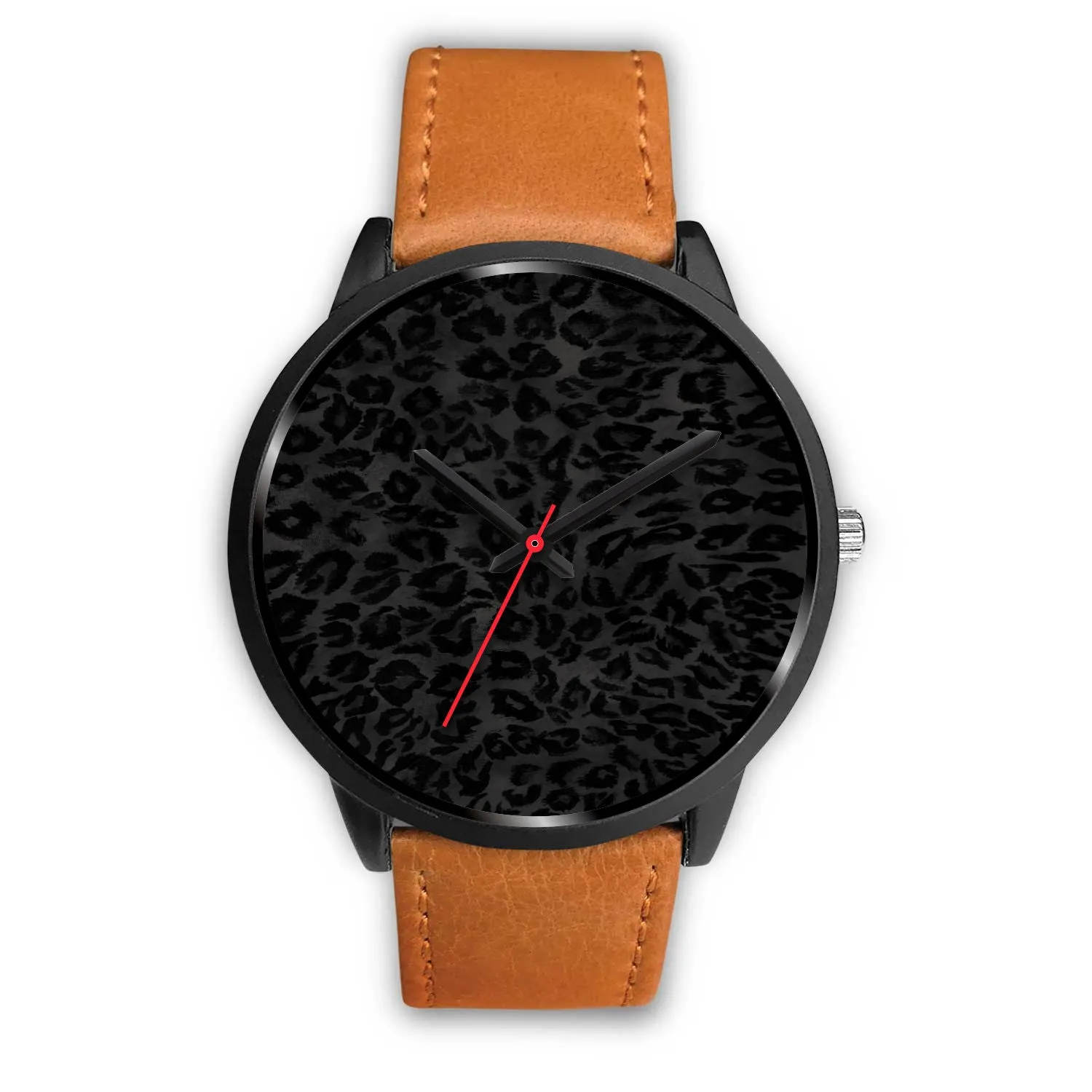 Black Leopard Print Watch, Charcoal Black Designer Leopard Animal Faux Fur Print Unisex Premium Watch