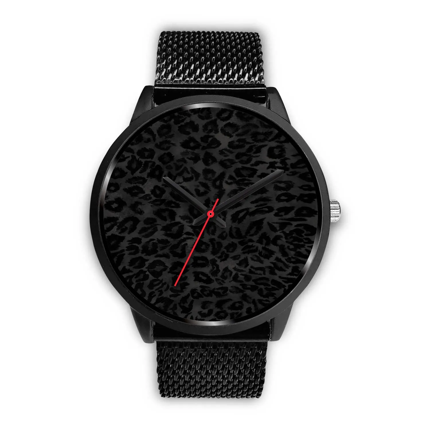 Black Leopard Print Watch, Charcoal Black Designer Leopard Animal Faux Fur Print Unisex Premium Watch