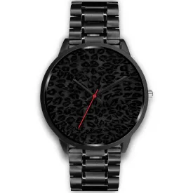 Black Leopard Print Watch, Charcoal Black Designer Leopard Animal Faux Fur Print Unisex Premium Watch