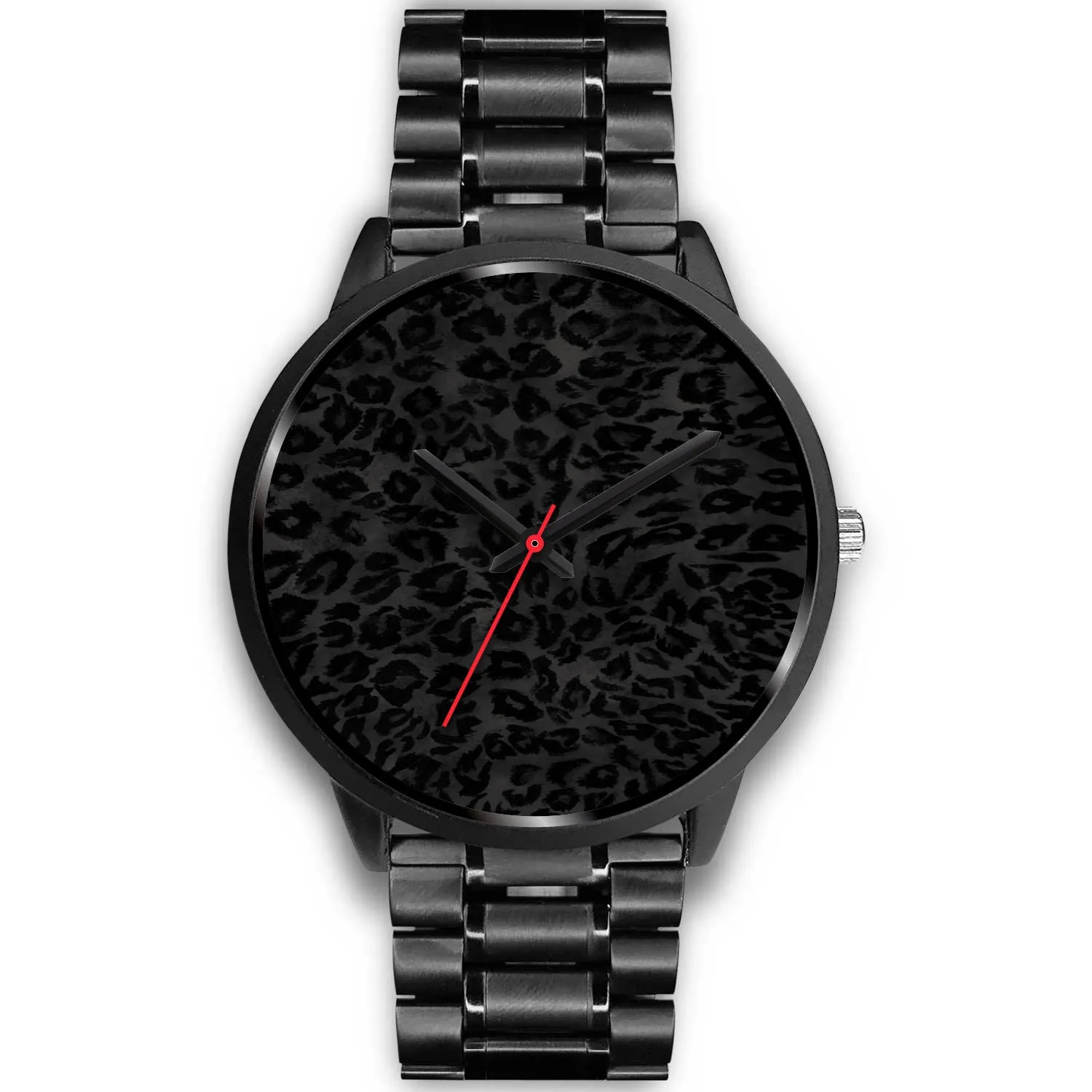 Black Leopard Print Watch, Charcoal Black Designer Leopard Animal Faux Fur Print Unisex Premium Watch