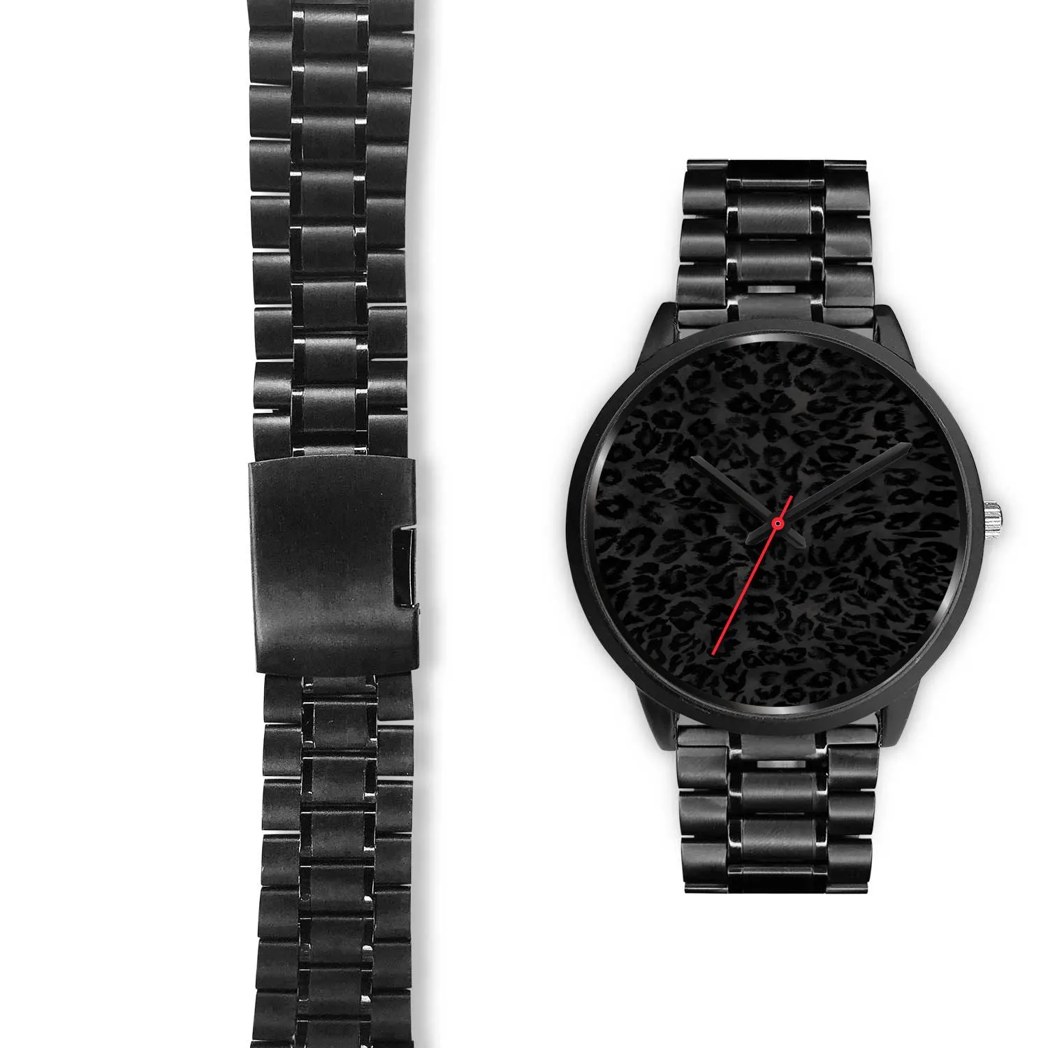 Black Leopard Print Watch, Charcoal Black Designer Leopard Animal Faux Fur Print Unisex Premium Watch