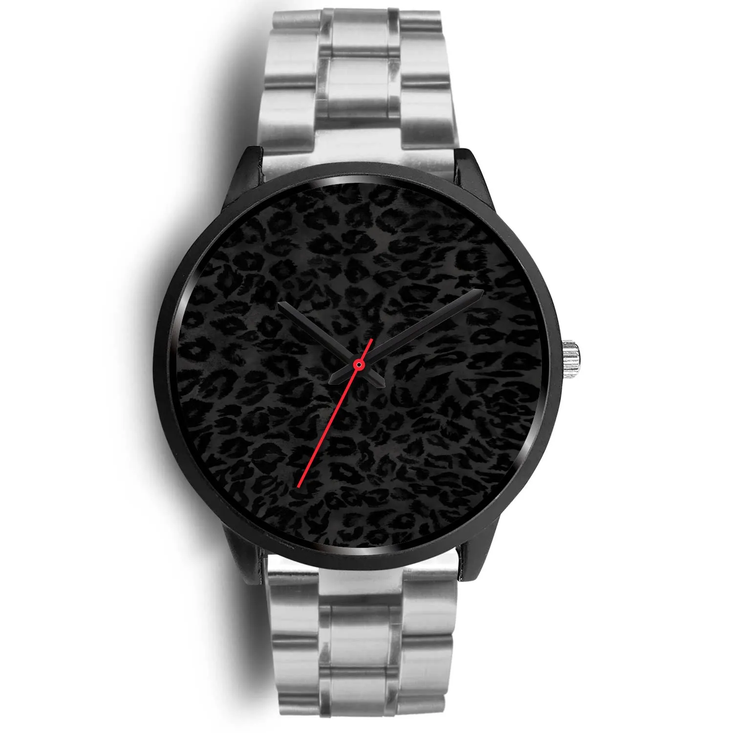 Black Leopard Print Watch, Charcoal Black Designer Leopard Animal Faux Fur Print Unisex Premium Watch