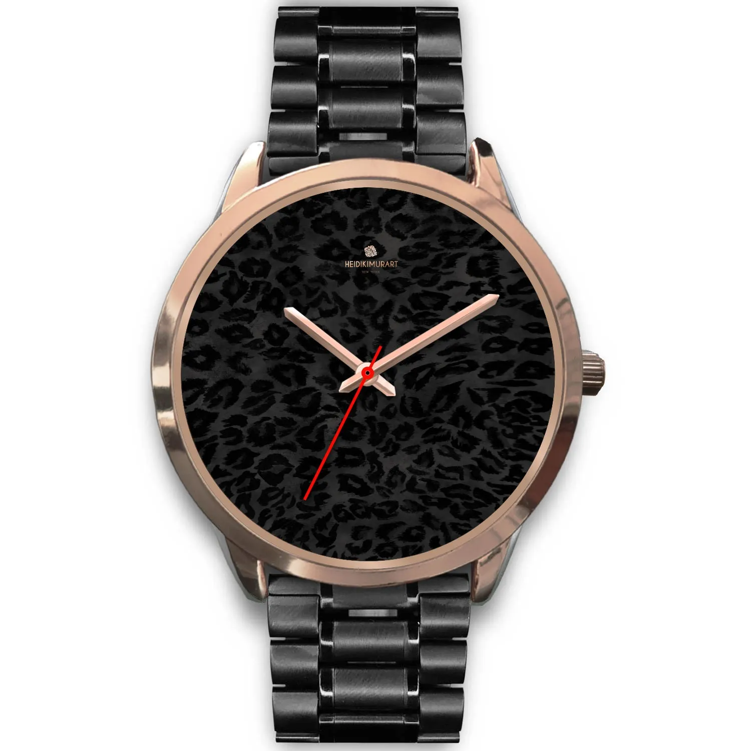 Black Leopard Unisex Watch, Animal Print Designer Mens Womens Stainless Steel Watch