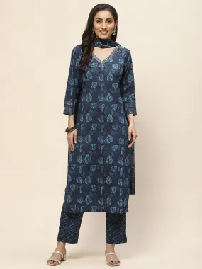 Block Print Cotton Suit Set With Dupatta