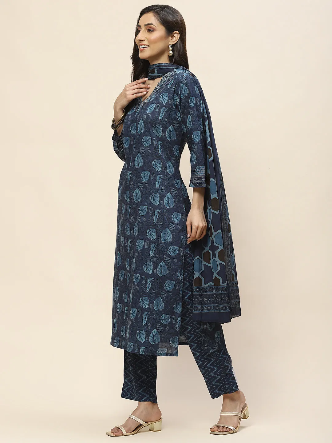 Block Print Cotton Suit Set With Dupatta