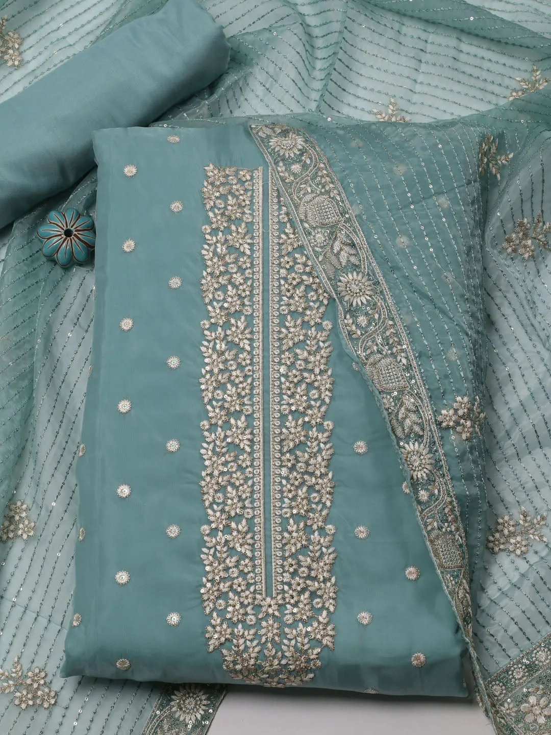 Booti Embroidered Organza Unstitched Suit Piece With Dupatta