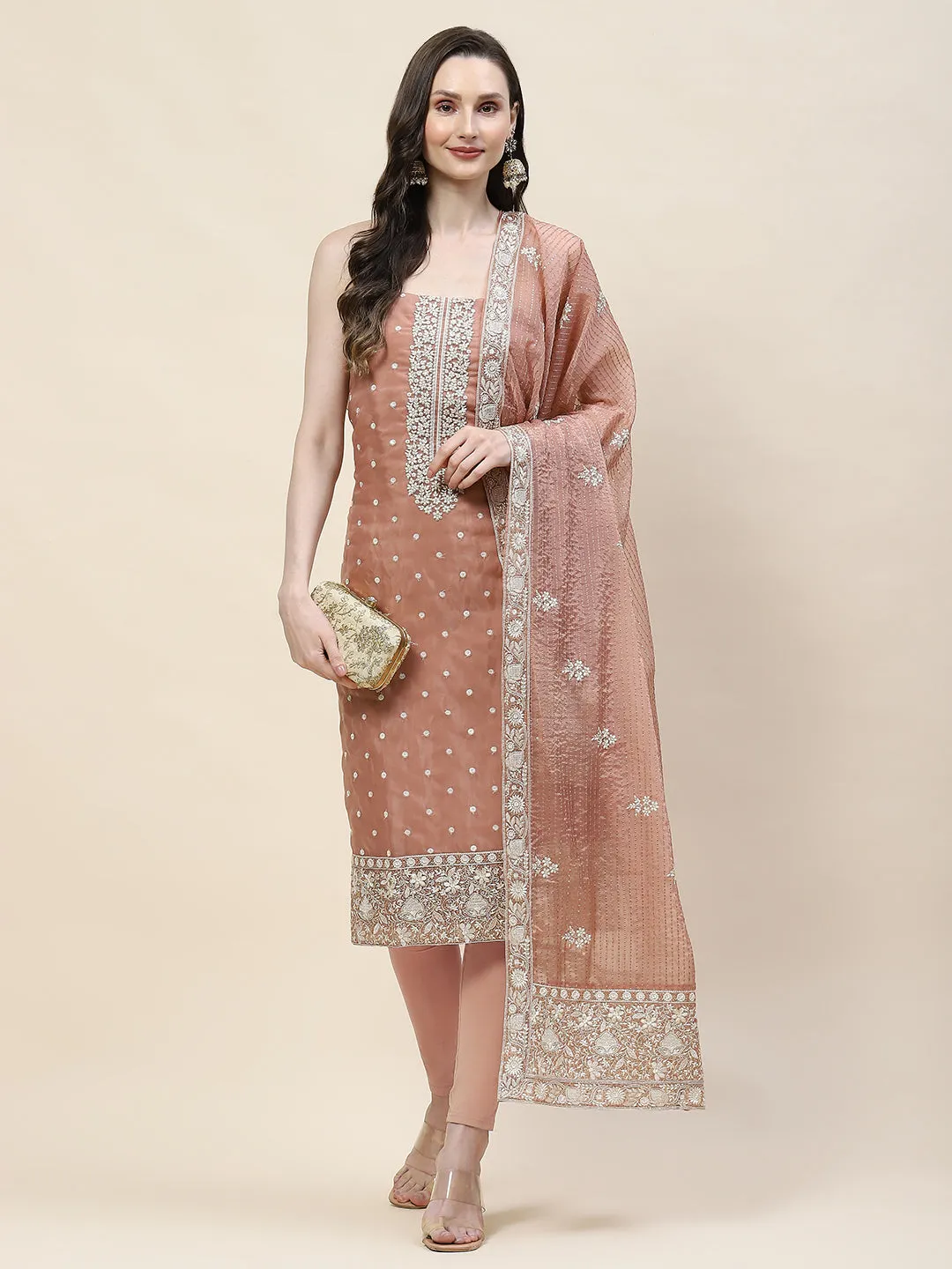 Booti Embroidered Organza Unstitched Suit Piece With Dupatta