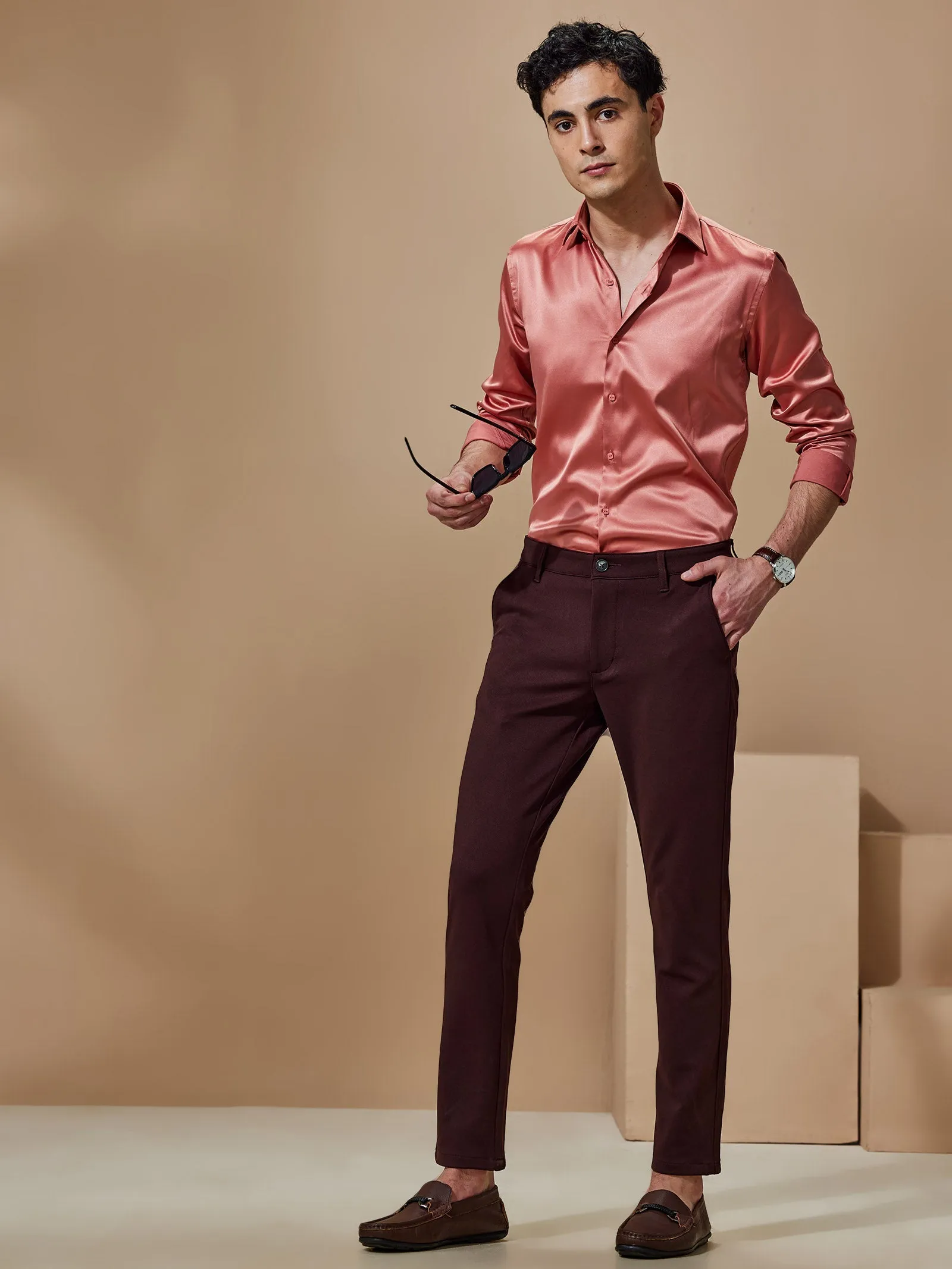 Brown 4-Way Stretch Textured Trouser