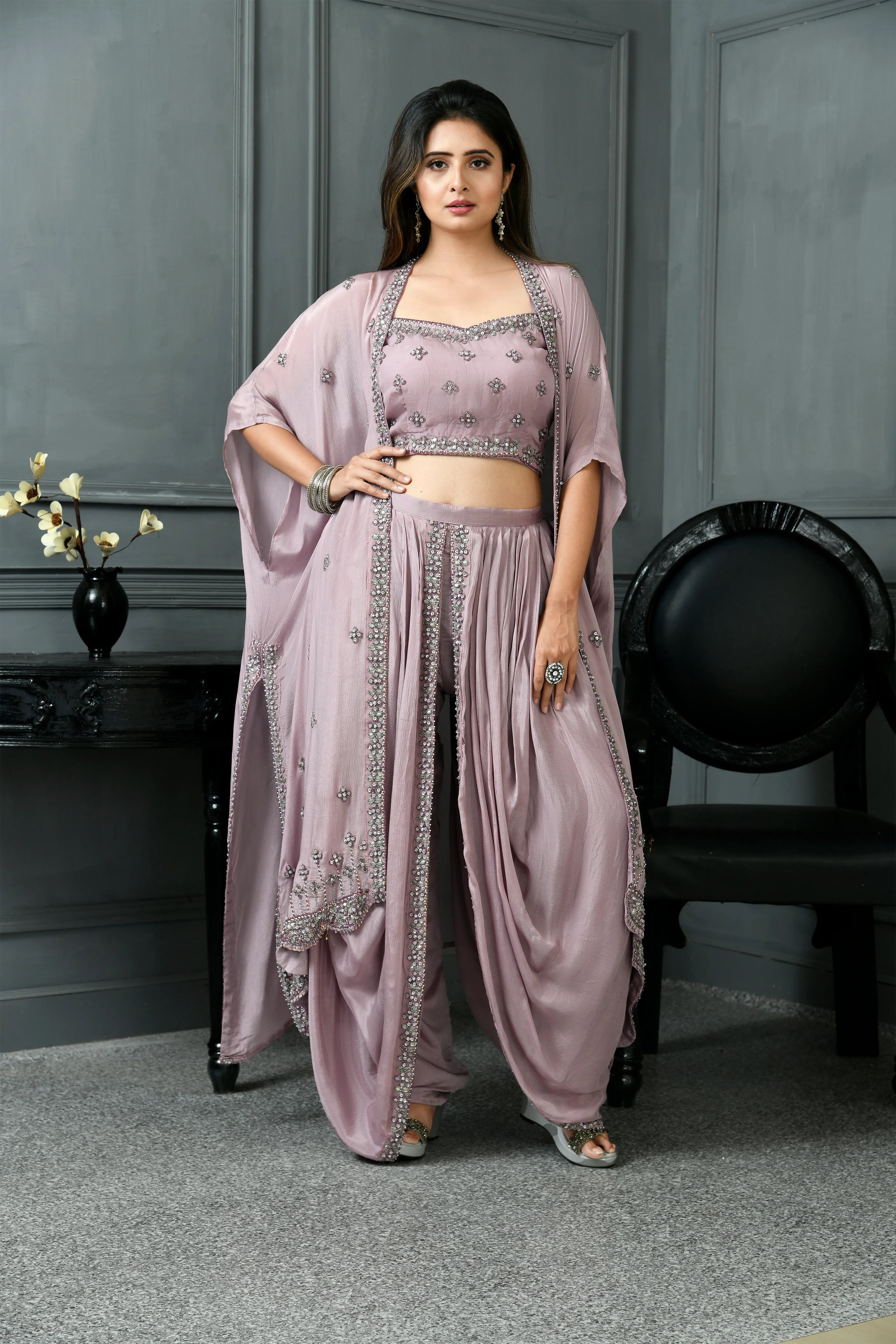 Chinon Blouse and Dhoti with Beads Work and Jacket