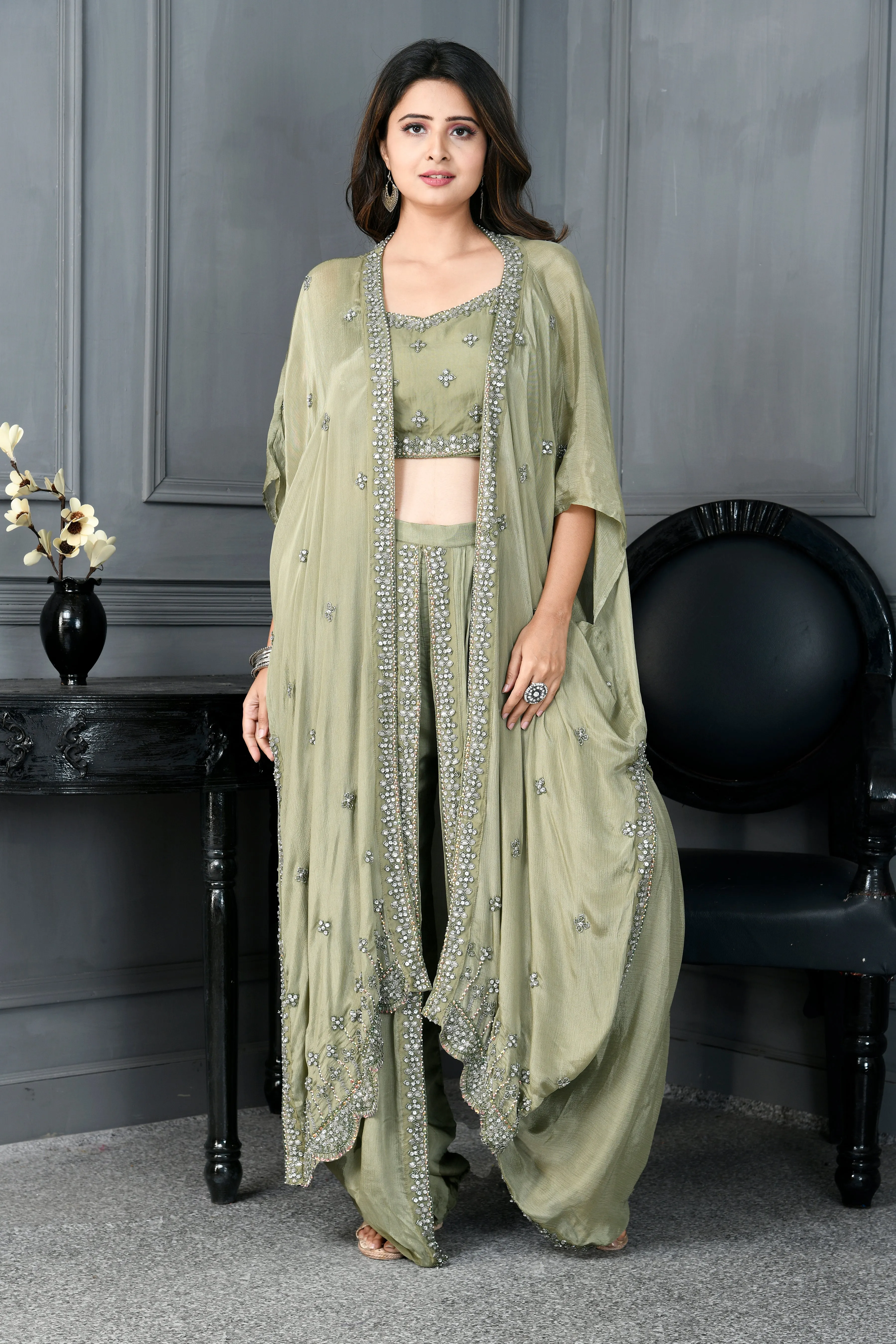 Chinon Blouse and Dhoti with Beads Work and Jacket