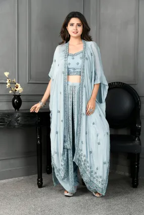 Chinon Blouse and Dhoti with Beads Work and Jacket