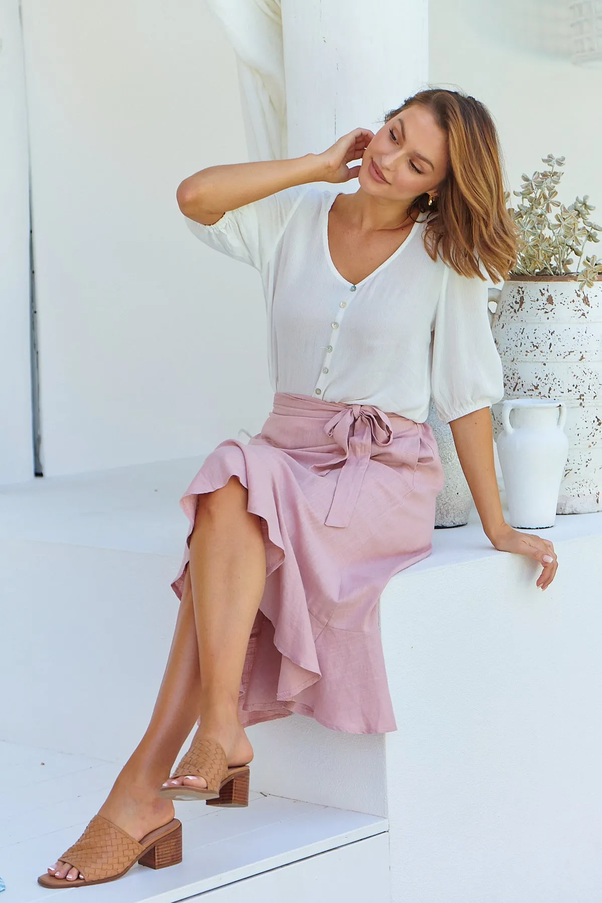 Ciri Pink Tie Waist Midi Linen Skirt