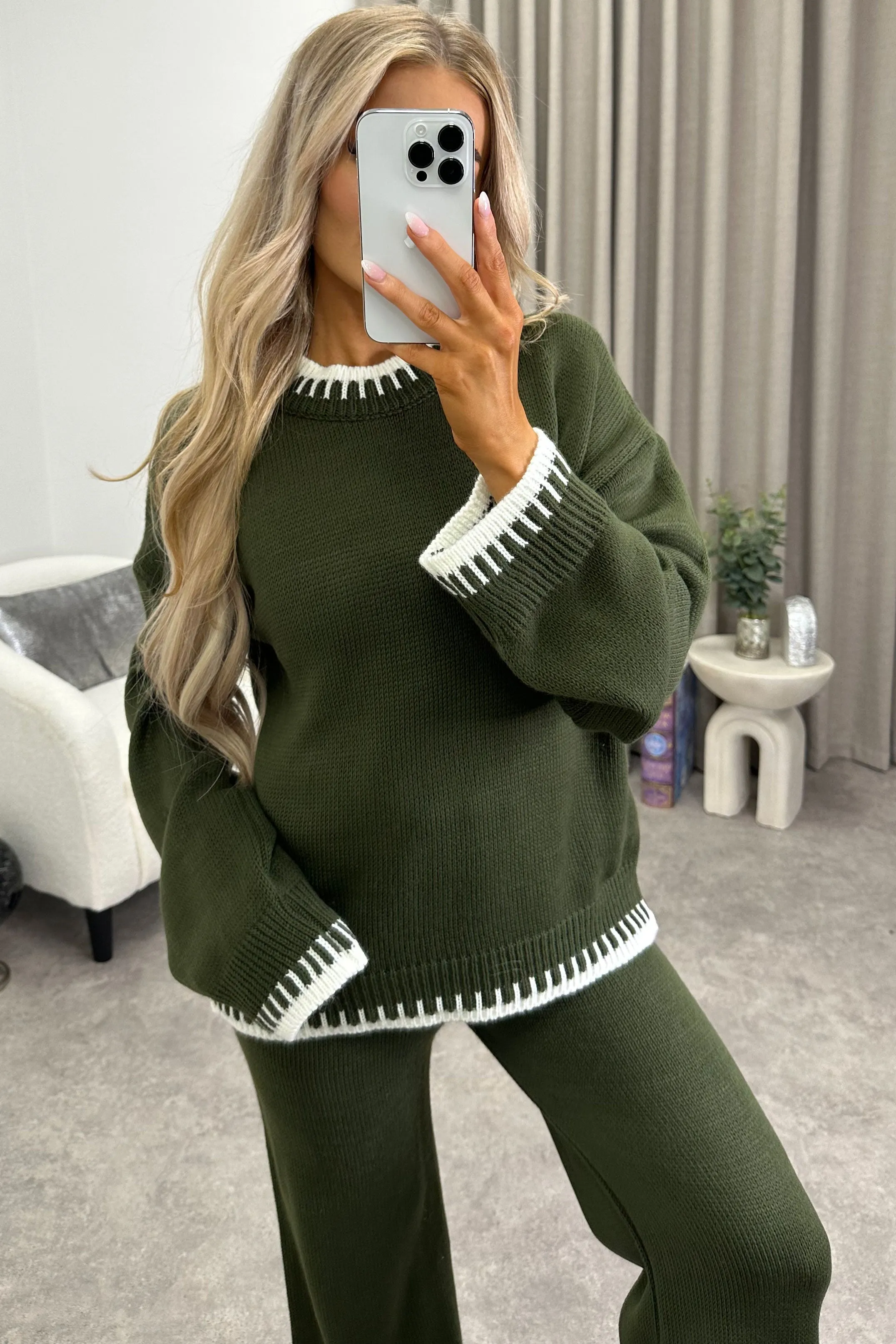 Cloe Khaki Contrast Trim Knitted Jumper and Wide Leg Trousers Co-Ord Set