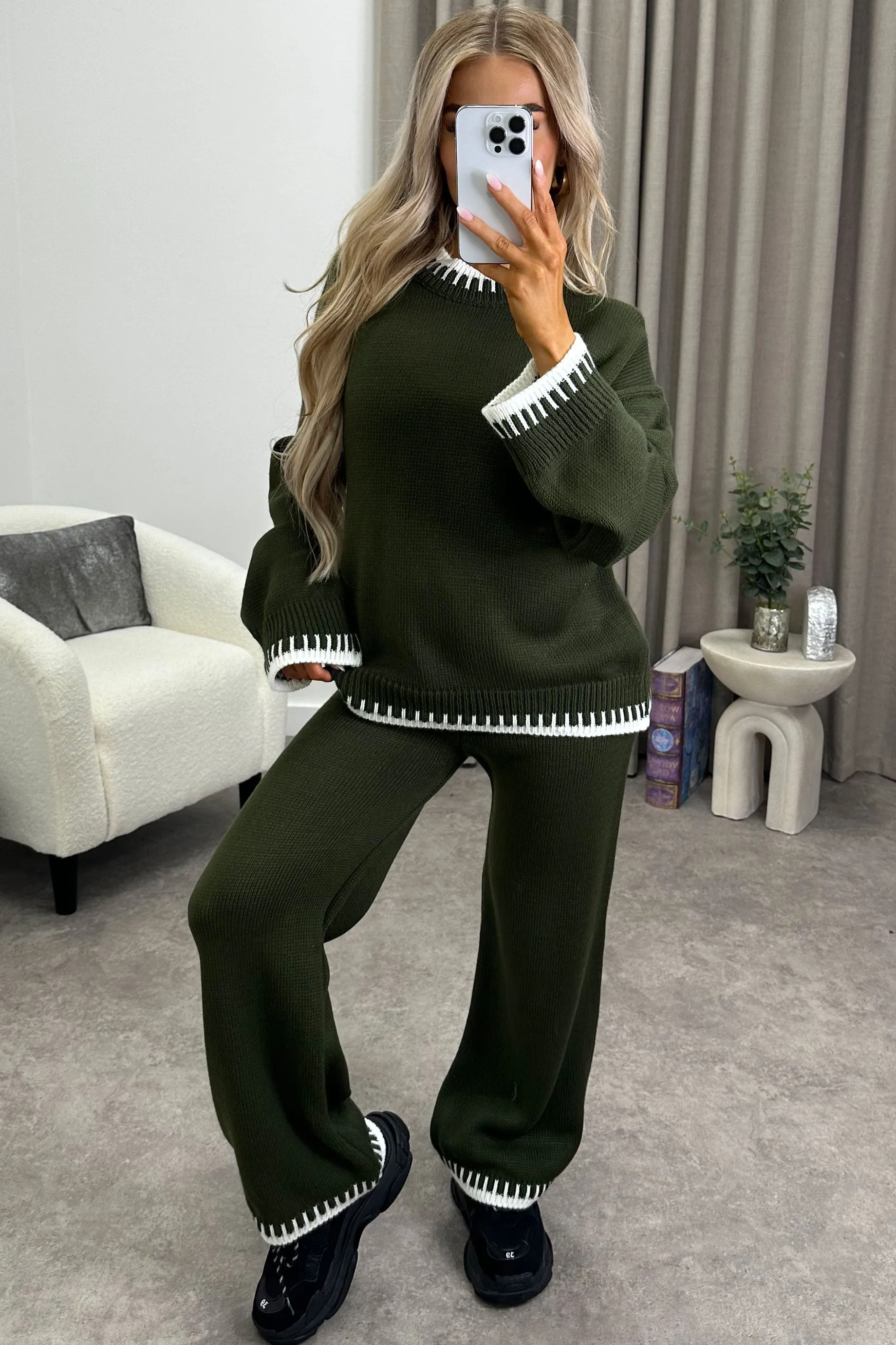 Cloe Khaki Contrast Trim Knitted Jumper and Wide Leg Trousers Co-Ord Set