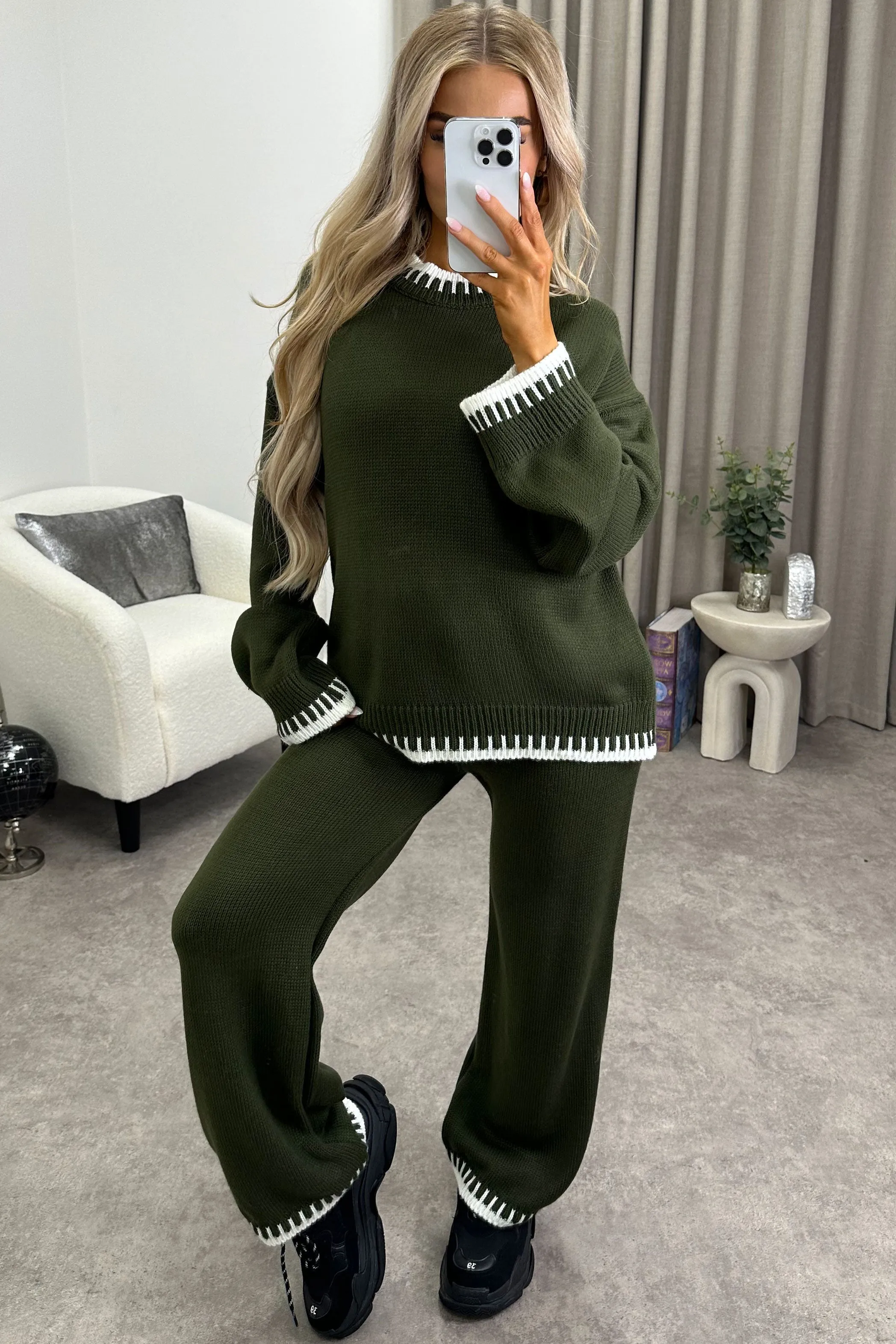 Cloe Khaki Contrast Trim Knitted Jumper and Wide Leg Trousers Co-Ord Set