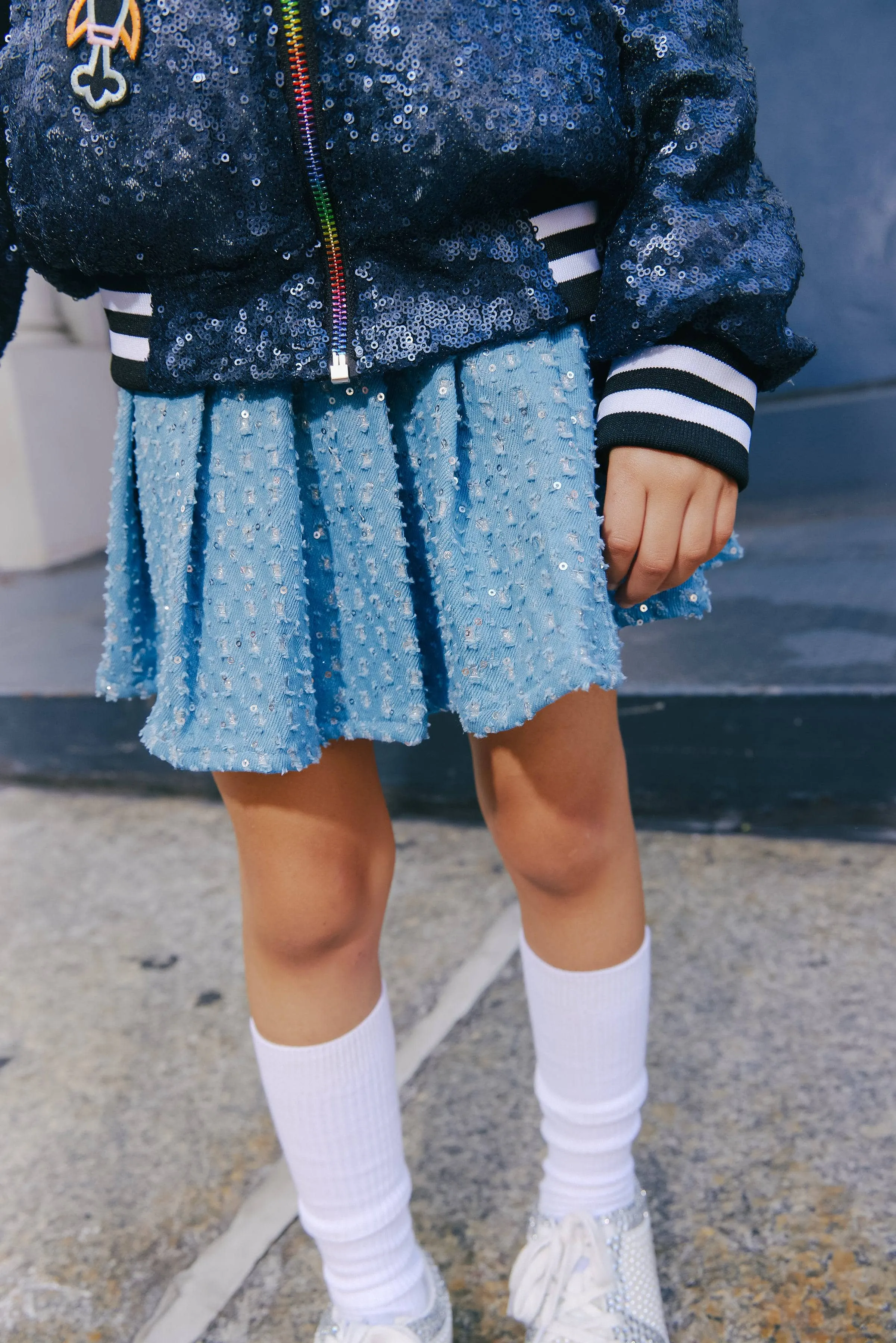 Denim Sparkle Pleated Skirt