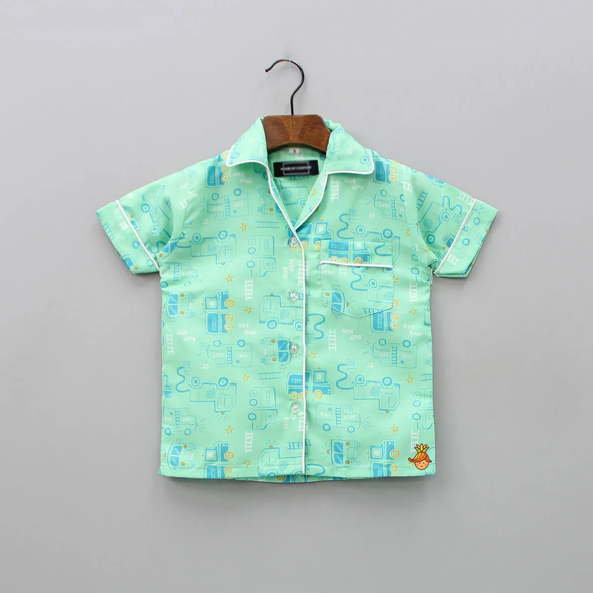 Dusty Green Car Printed Sleepwear