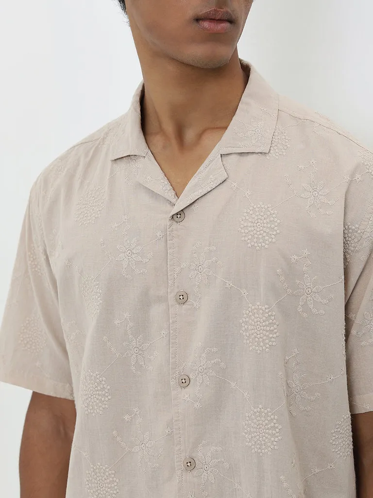 ETA Beige Floral Embroidered Relaxed-Fit Cotton Shirt