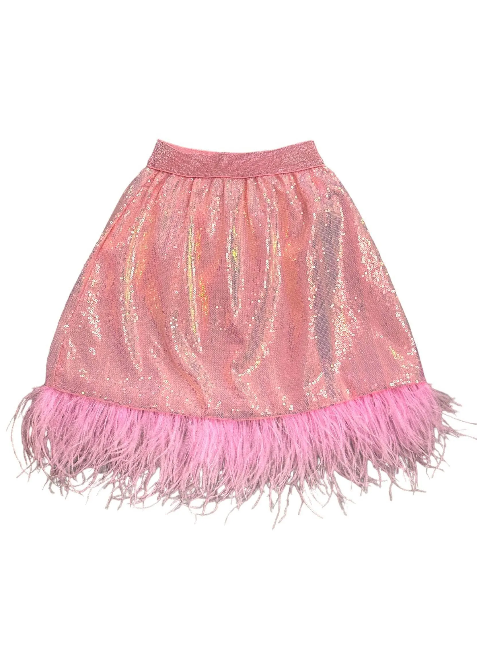 Feather Trims Pink Sequin Skirt