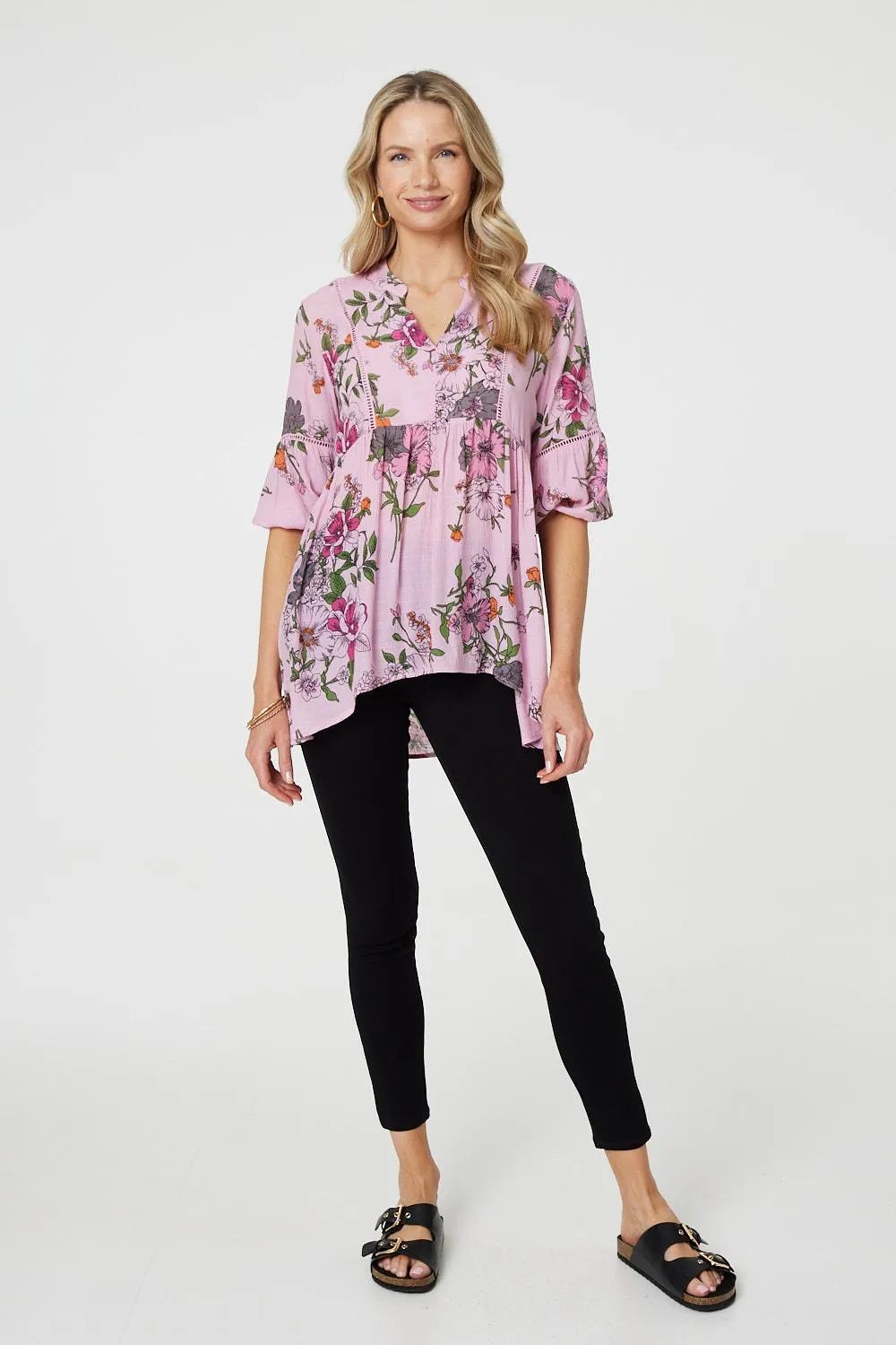 Floral 3/4 Sleeve Curve Hem Blouse