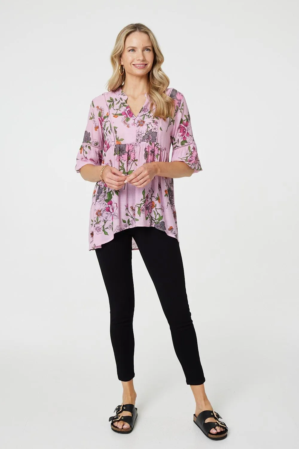 Floral 3/4 Sleeve Curve Hem Blouse