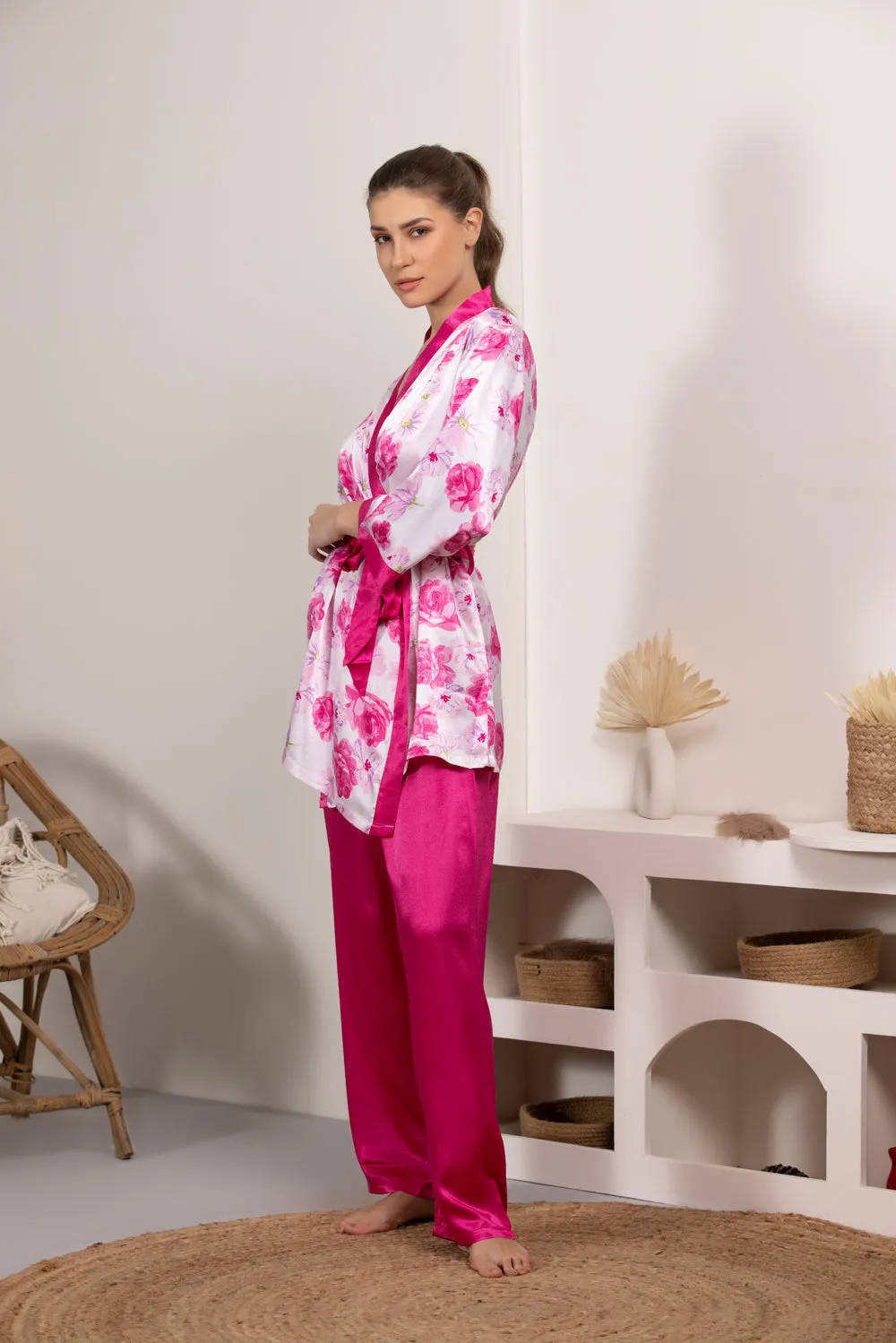 Floral Satin Night suit with Robe