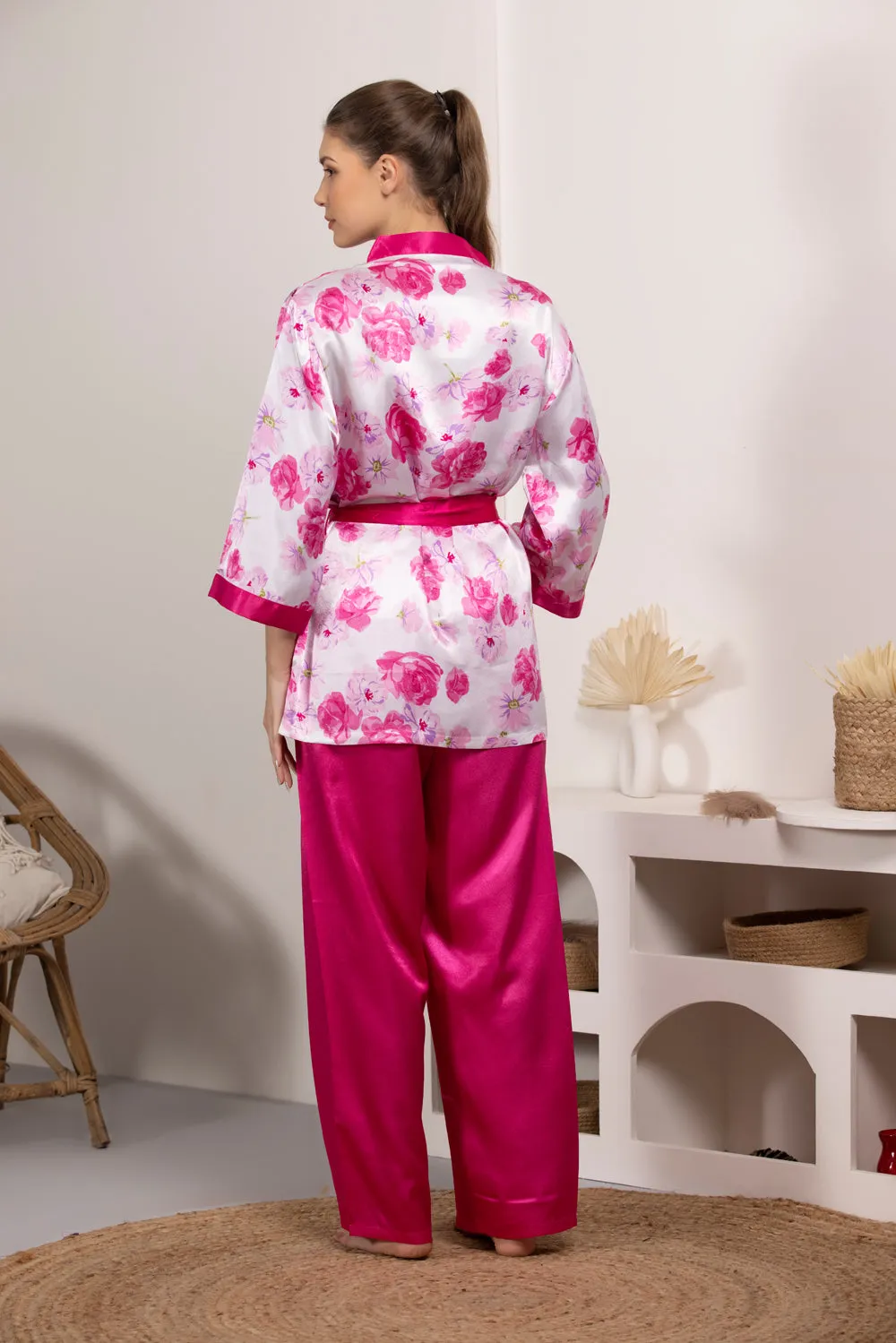 Floral Satin Night suit with Robe