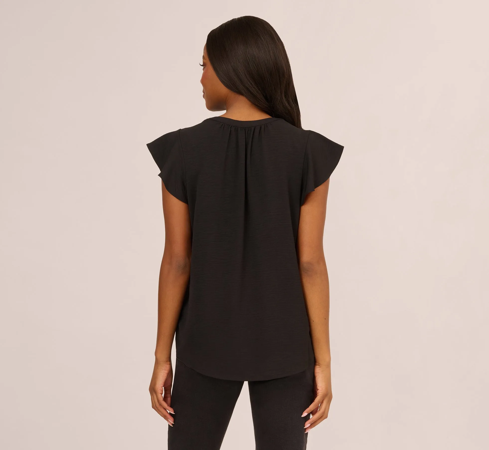 Flutter Sleeve Top With Notched Neck In Black