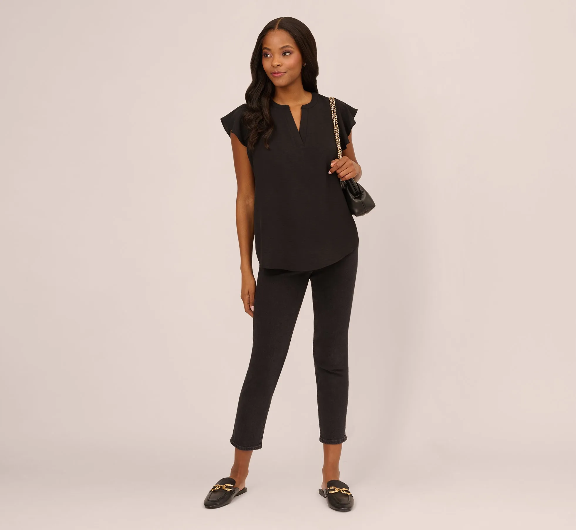 Flutter Sleeve Top With Notched Neck In Black