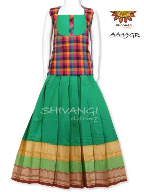 Girls Green Cotton Pattu pavadai