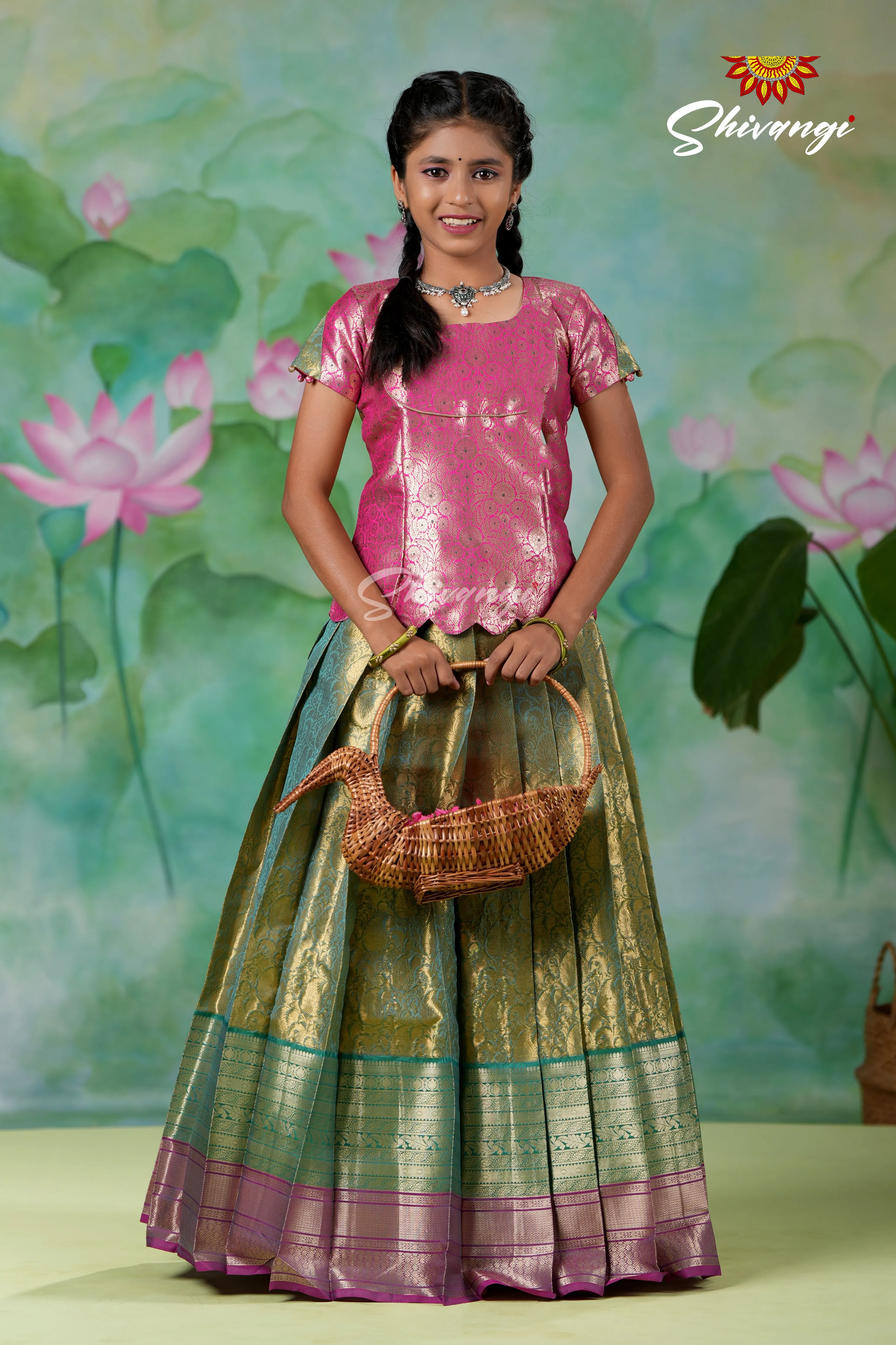 Girls Green Potly Mango Designer Pattu Pavadai | Langa !!!