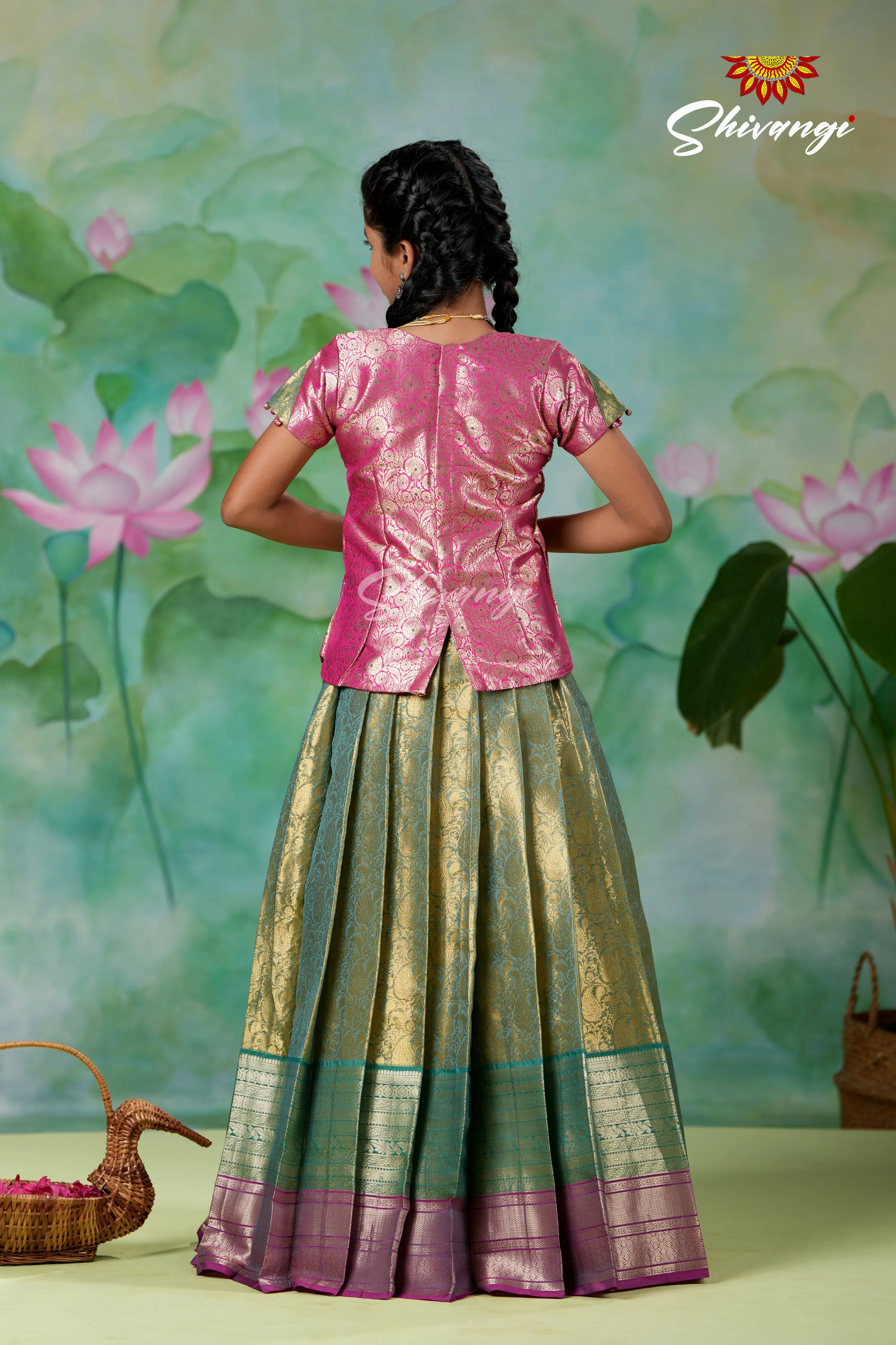 Girls Green Potly Mango Designer Pattu Pavadai | Langa !!!