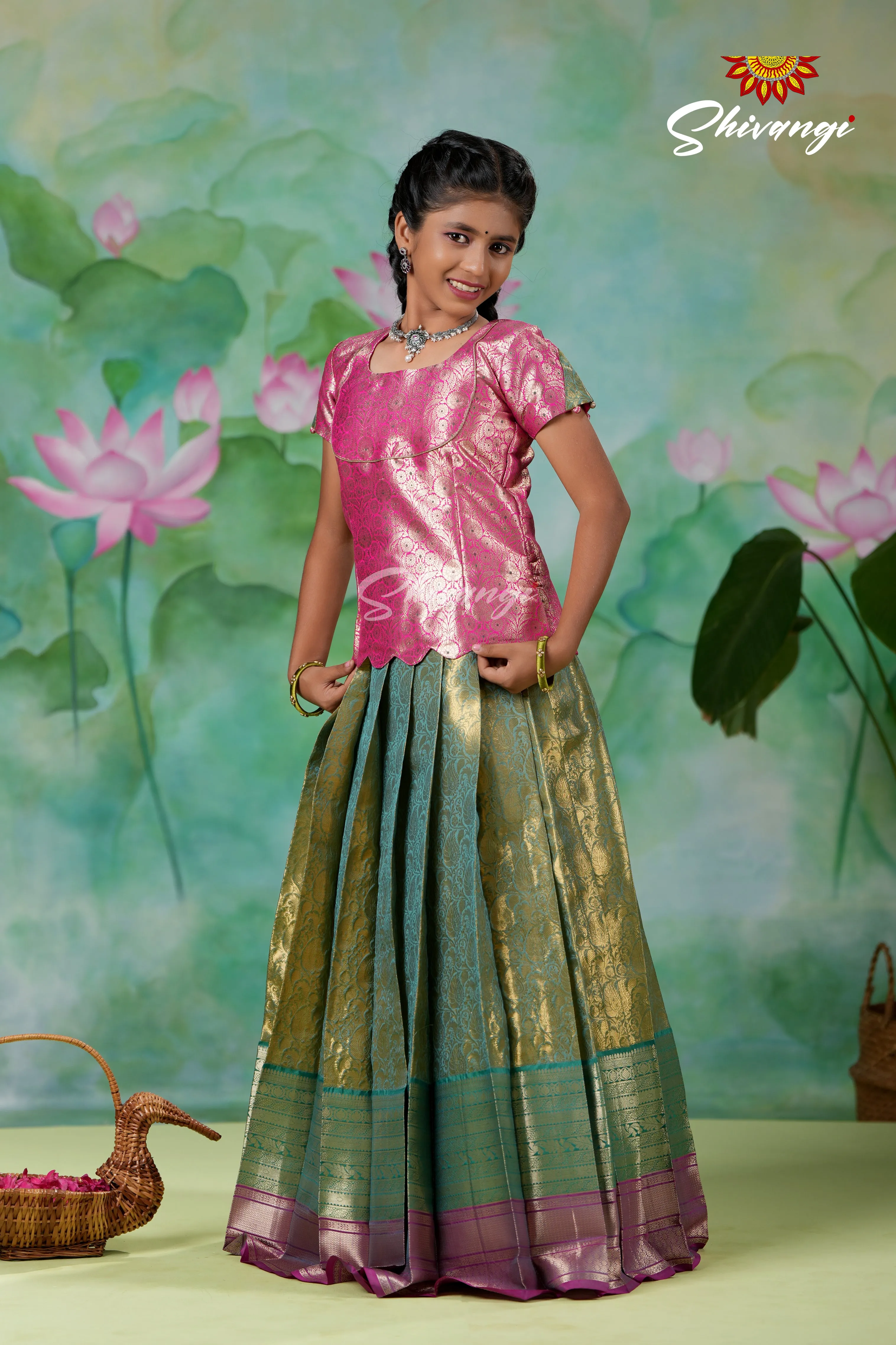 Girls Green Potly Mango Designer Pattu Pavadai | Langa !!!