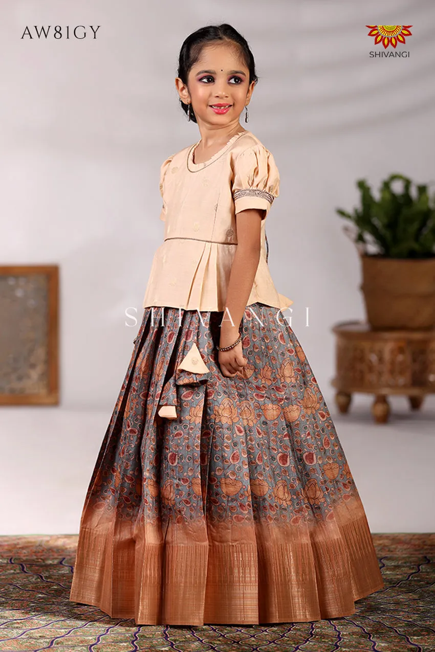 Girls Kalamkari Leaf Pattu Pavadai in Grey - Festive Wear