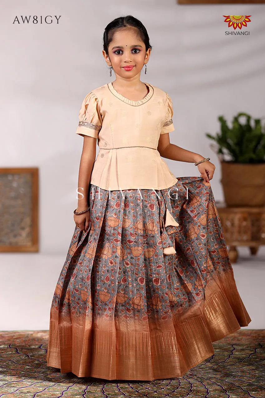 Girls Kalamkari Leaf Pattu Pavadai in Grey - Festive Wear