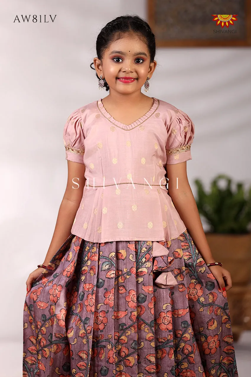 Girls Kalamkari Leaf Pavadai Sattai in Lavender- Festive Wear