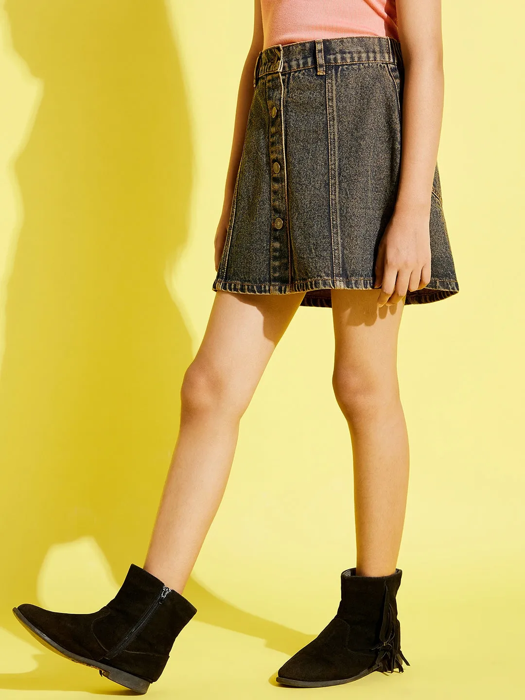 Girls Navy Acid Wash Front Button Denim Mini Skirt