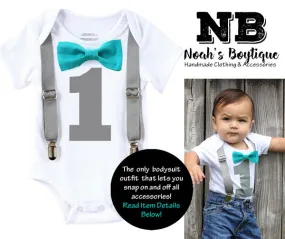 Gray and Teal First Birthday Outfit Boy Cake Smash Outfit