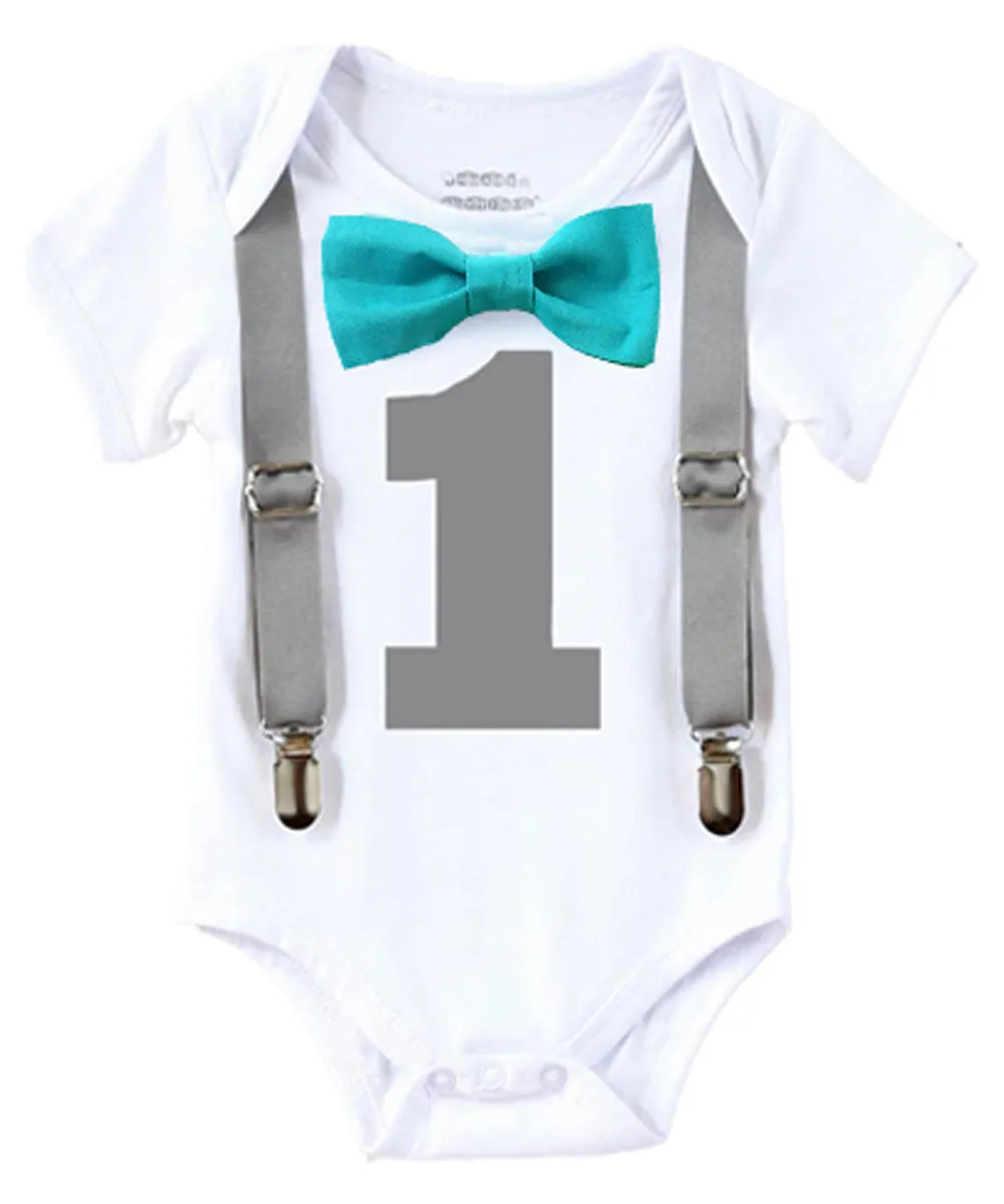 Gray and Teal First Birthday Outfit Boy Cake Smash Outfit