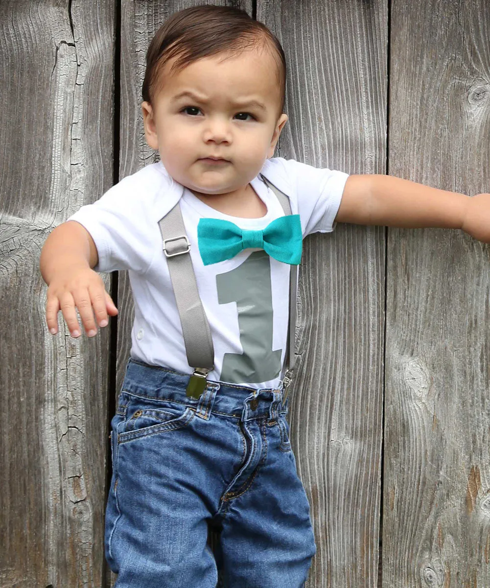 Gray and Teal First Birthday Outfit Boy Cake Smash Outfit