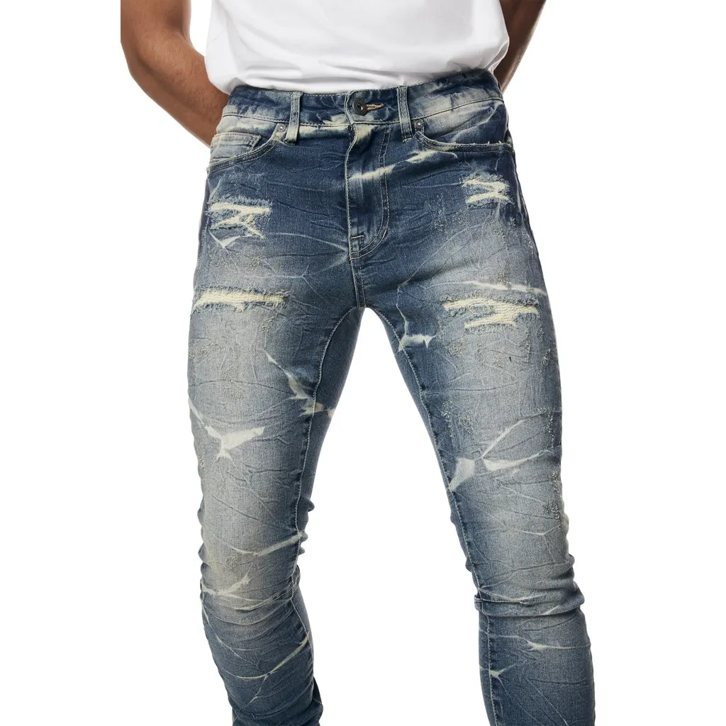 Gun Shot Effect & Lightning Washed Super Skinny Denim Jeans - Westport Blue