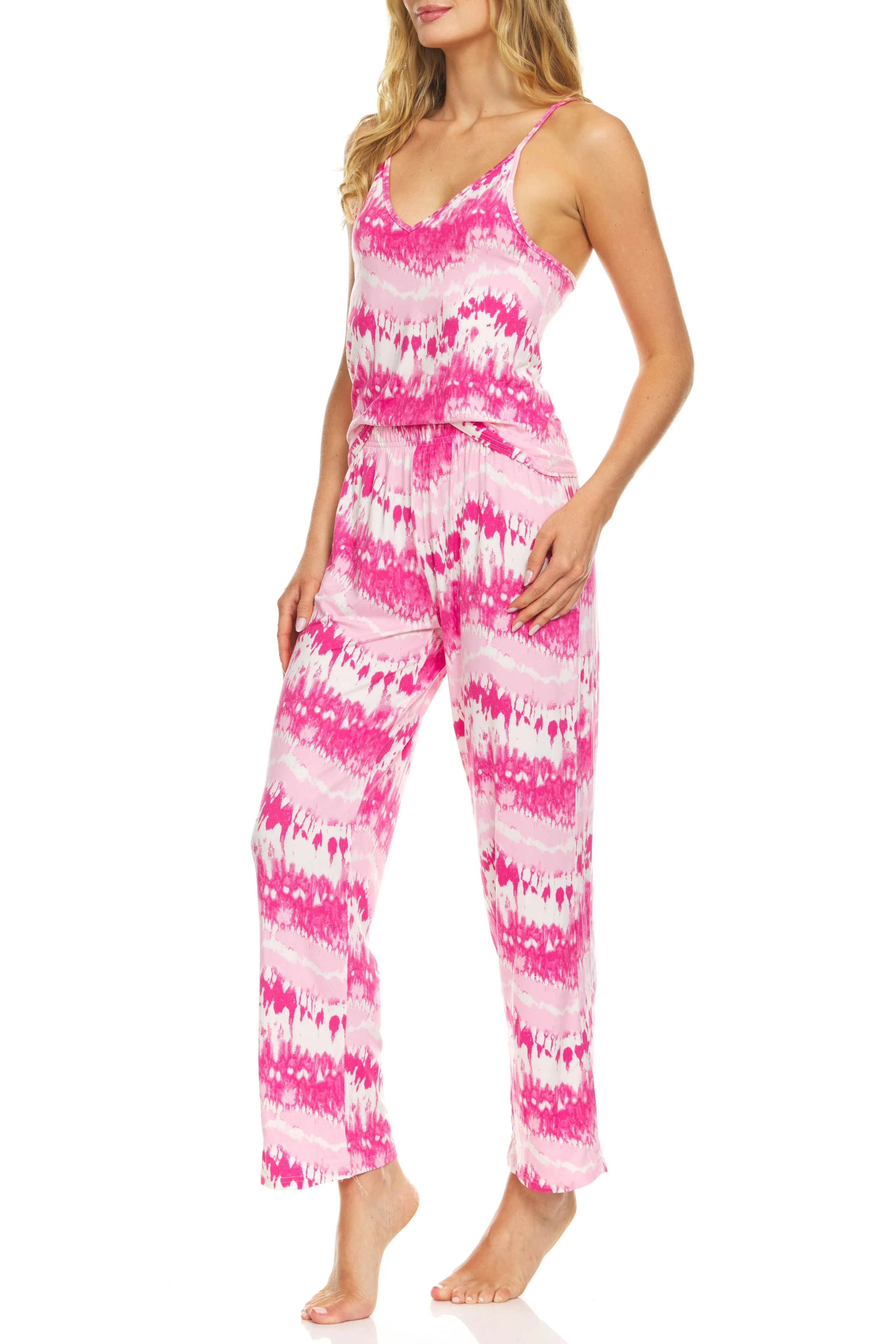 It's Just a Kiss Sleepwear Women's Cute Tie Dye Cami Tank Top and Pyjama Pants Set Soft Comfortable 2-Piece Nightwear PJ Lounge Sets Coral Multi Small